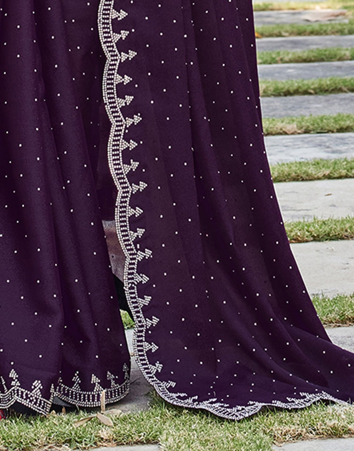 Dark Wine Georgette Stone Work Swarovski Saree