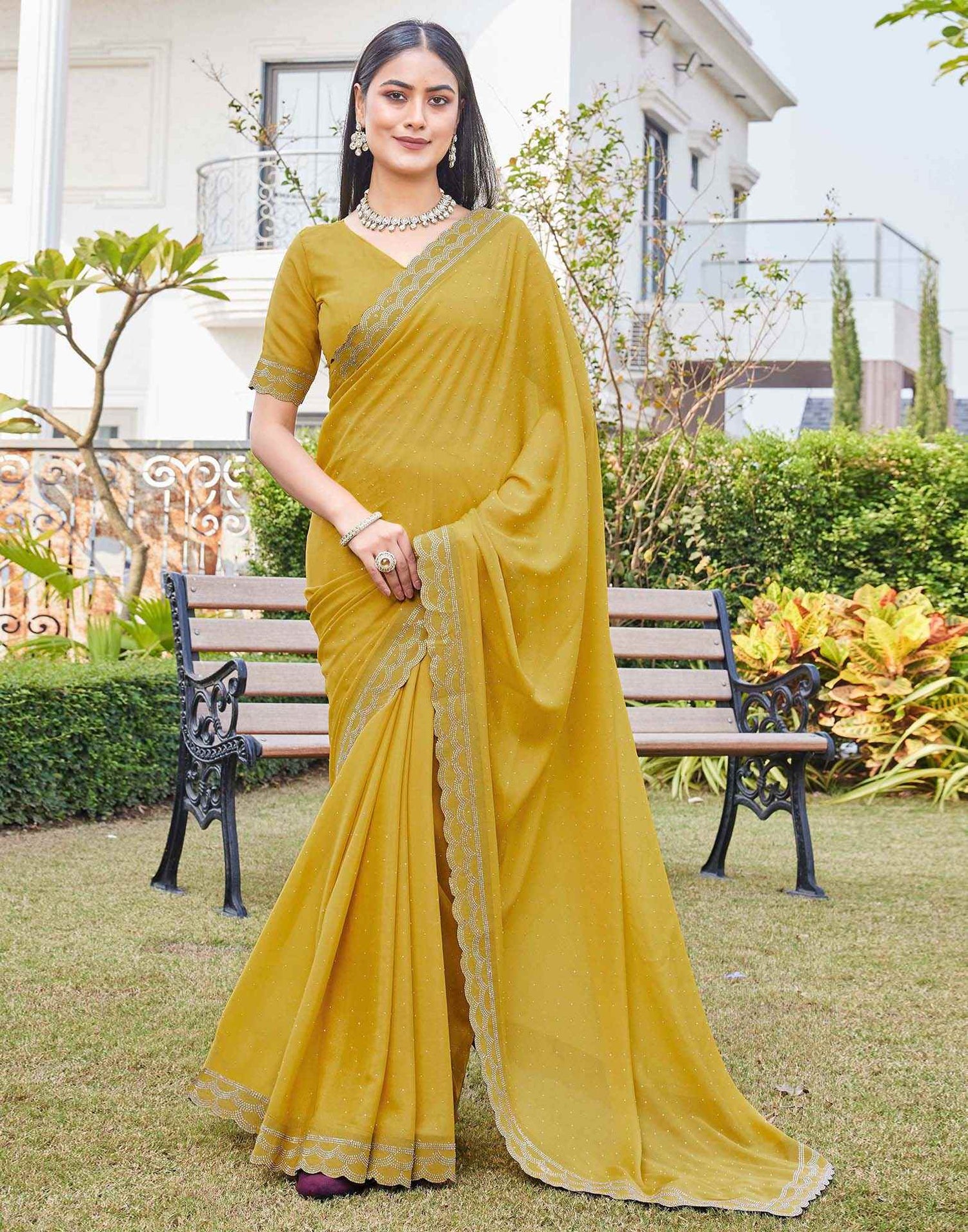 Yellow Shimmer Stone Work Swarovski Saree