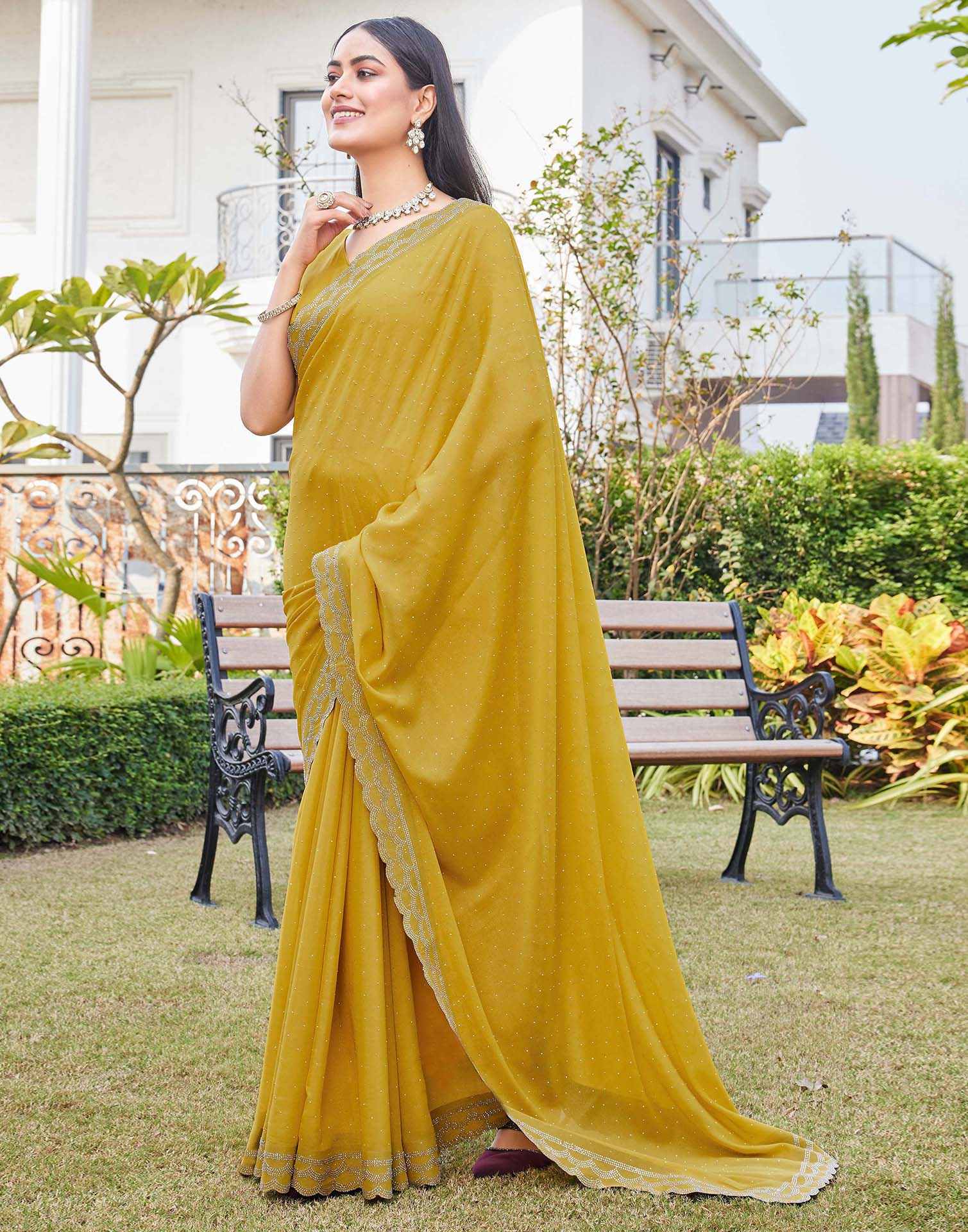 Yellow Shimmer Stone Work Swarovski Saree