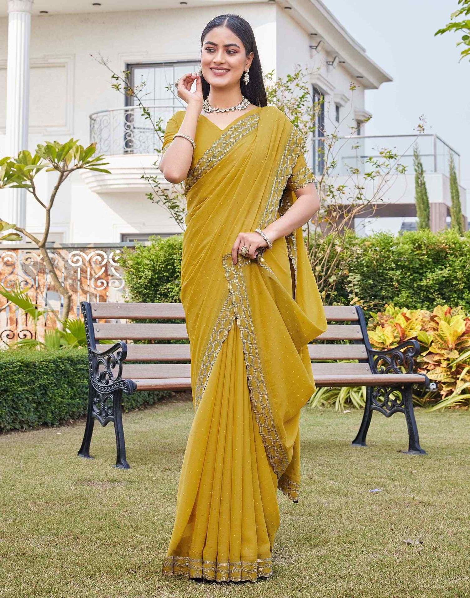Yellow Shimmer Stone Work Swarovski Saree