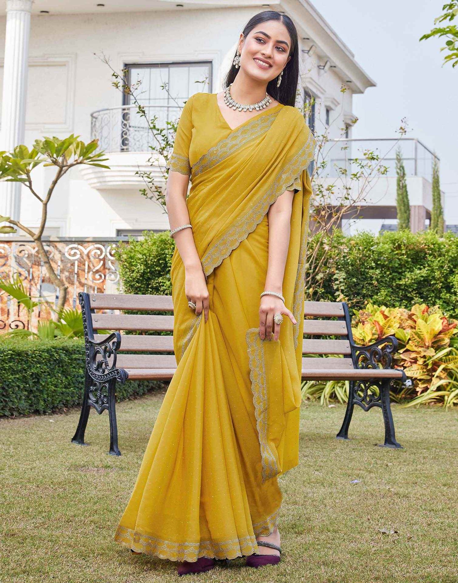 Yellow Shimmer Stone Work Swarovski Saree