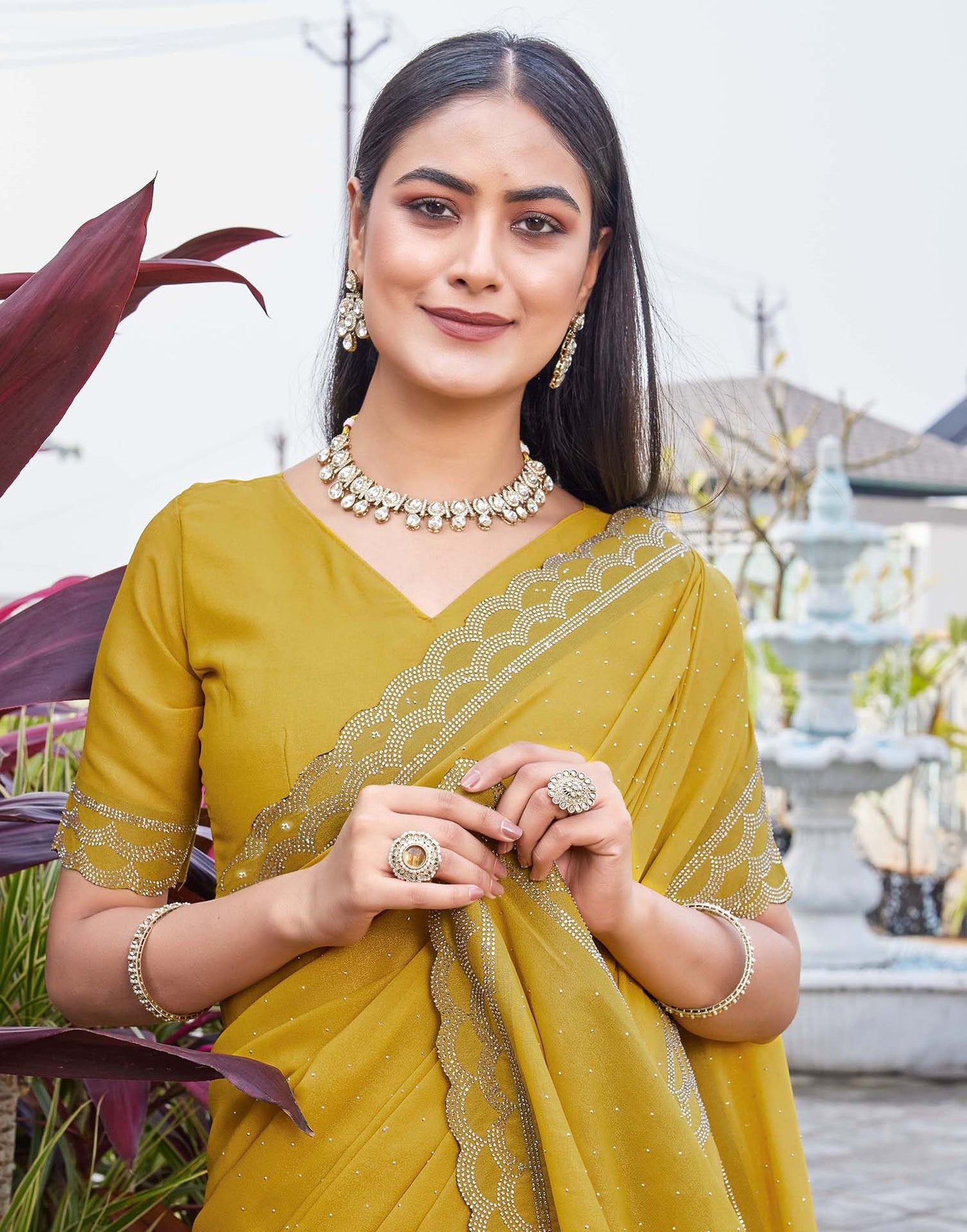 Yellow Shimmer Stone Work Swarovski Saree