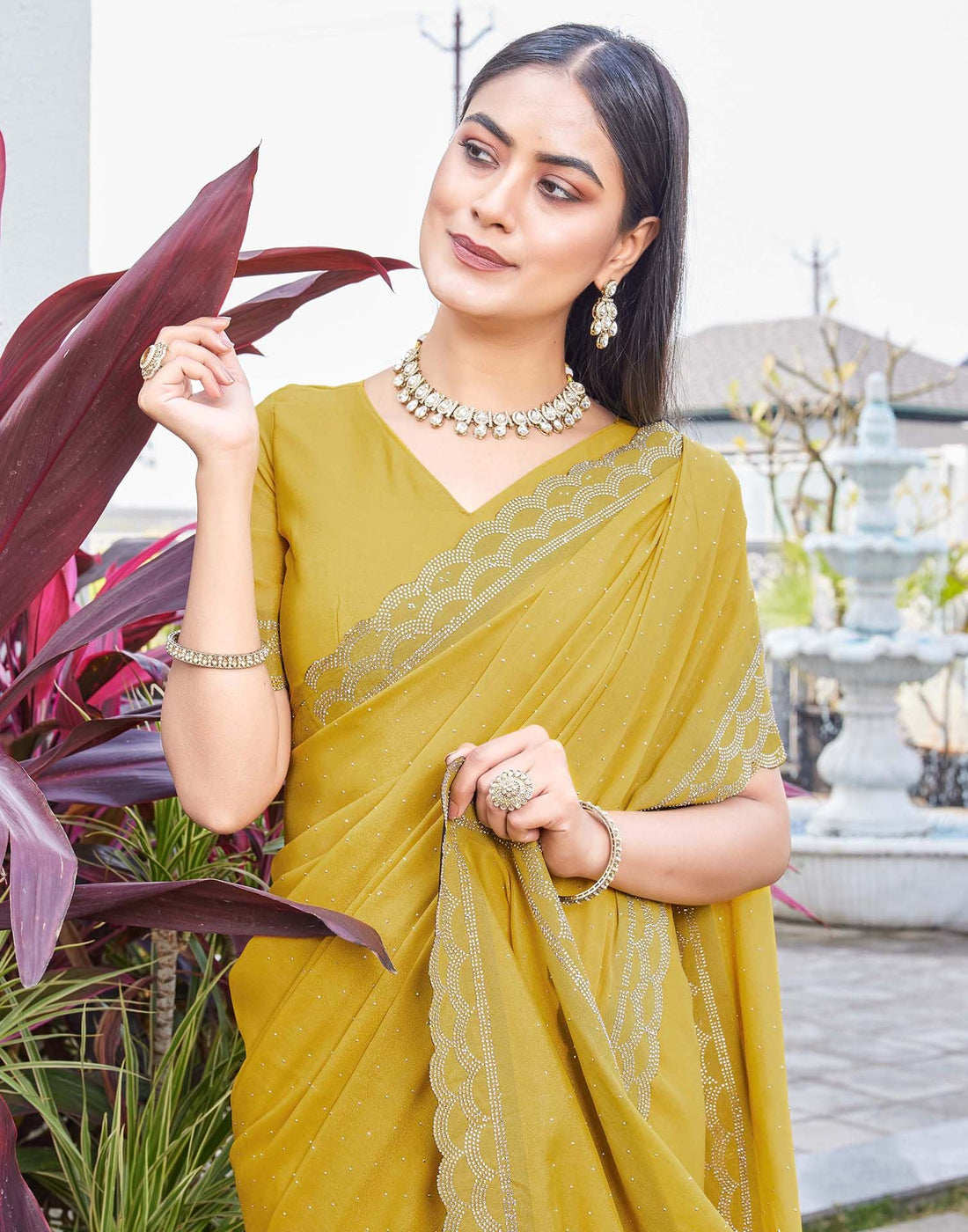 Yellow Shimmer Stone Work Swarovski Saree