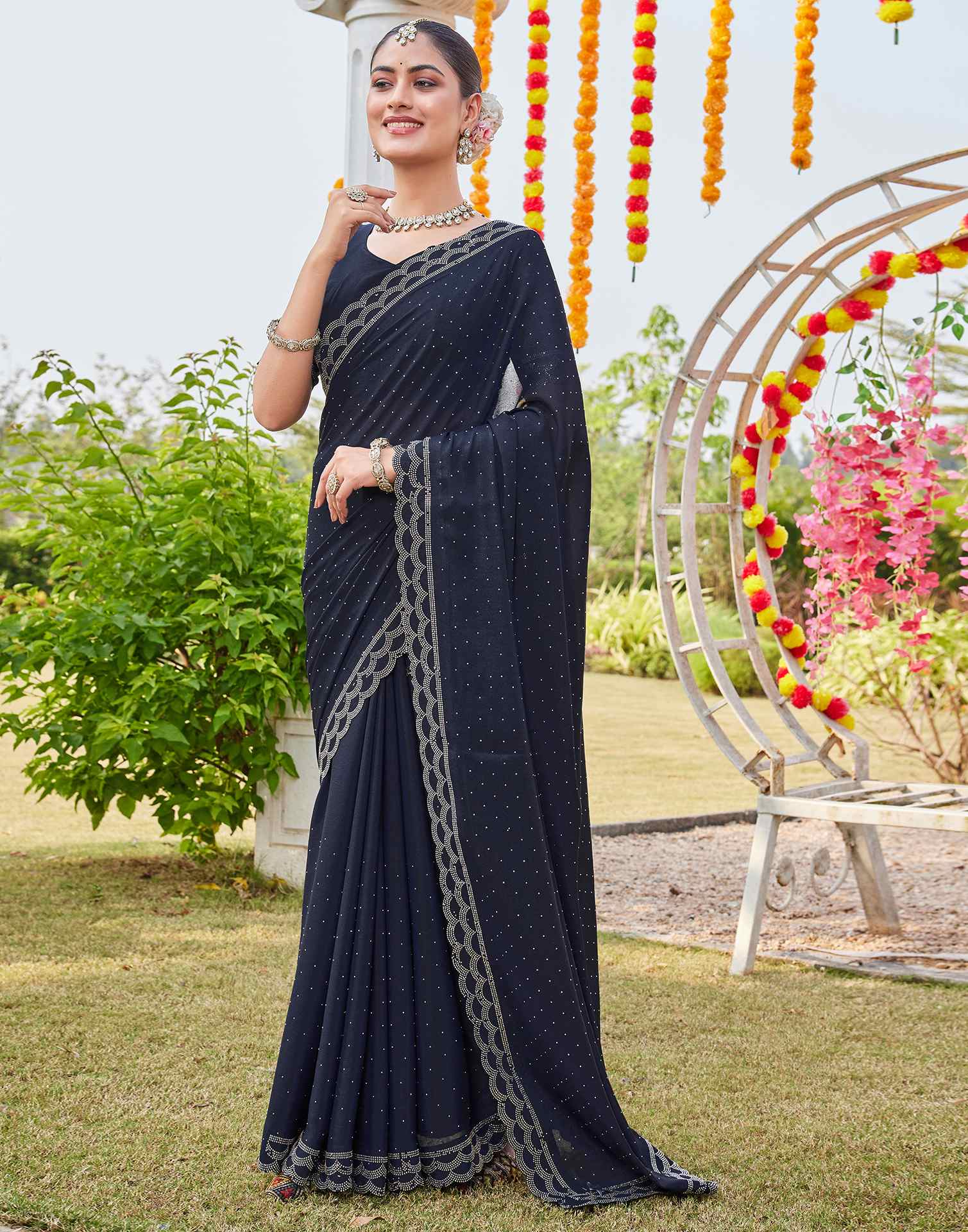 Navy Blue Shimmer Stone Work Swarovski Saree
