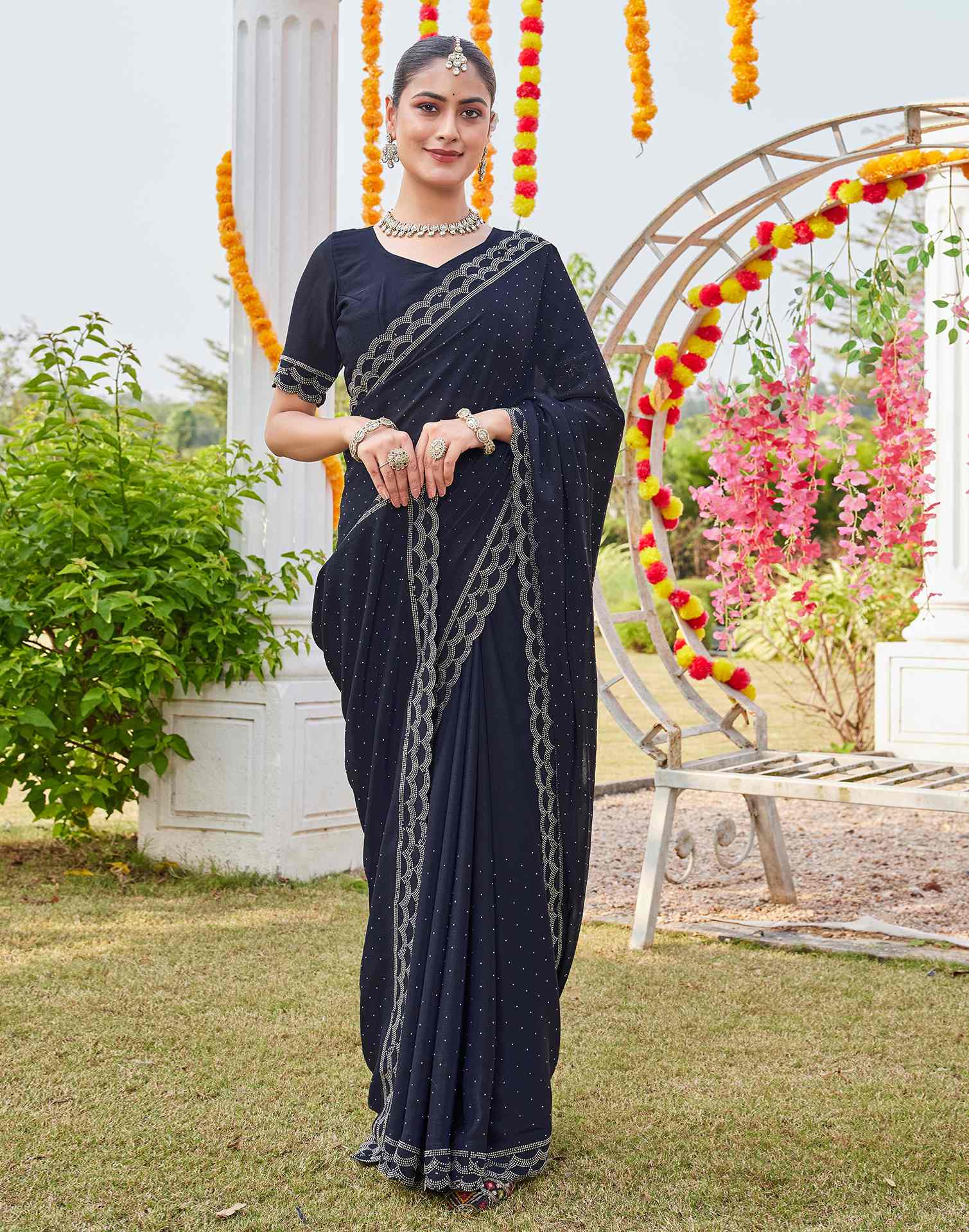 Navy Blue Shimmer Stone Work Swarovski Saree