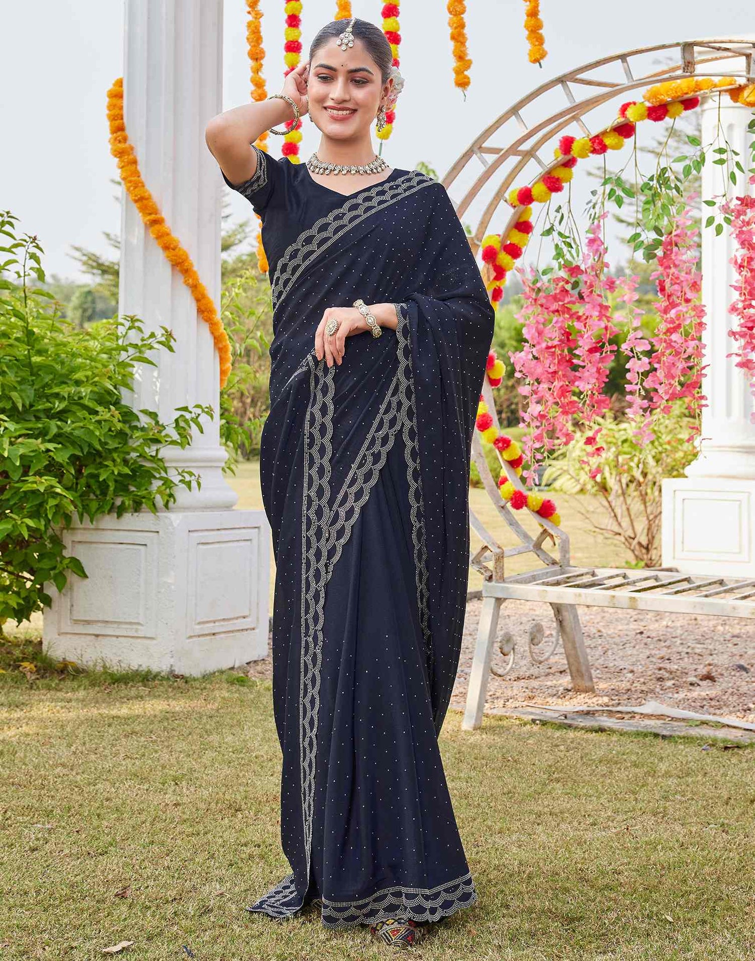 Navy Blue Shimmer Stone Work Swarovski Saree