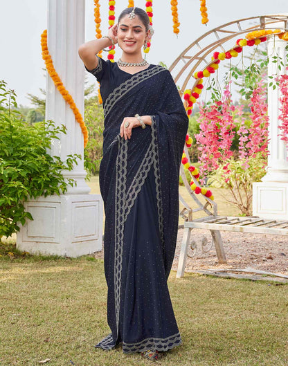 Navy Blue Shimmer Stone Work Swarovski Saree