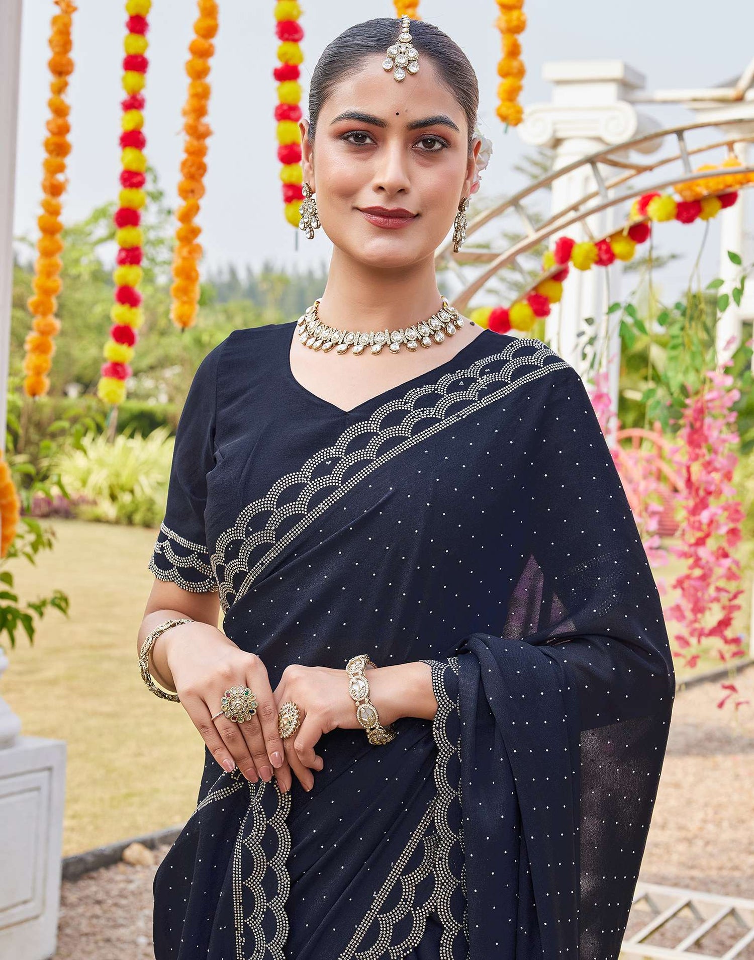 Navy Blue Shimmer Stone Work Swarovski Saree