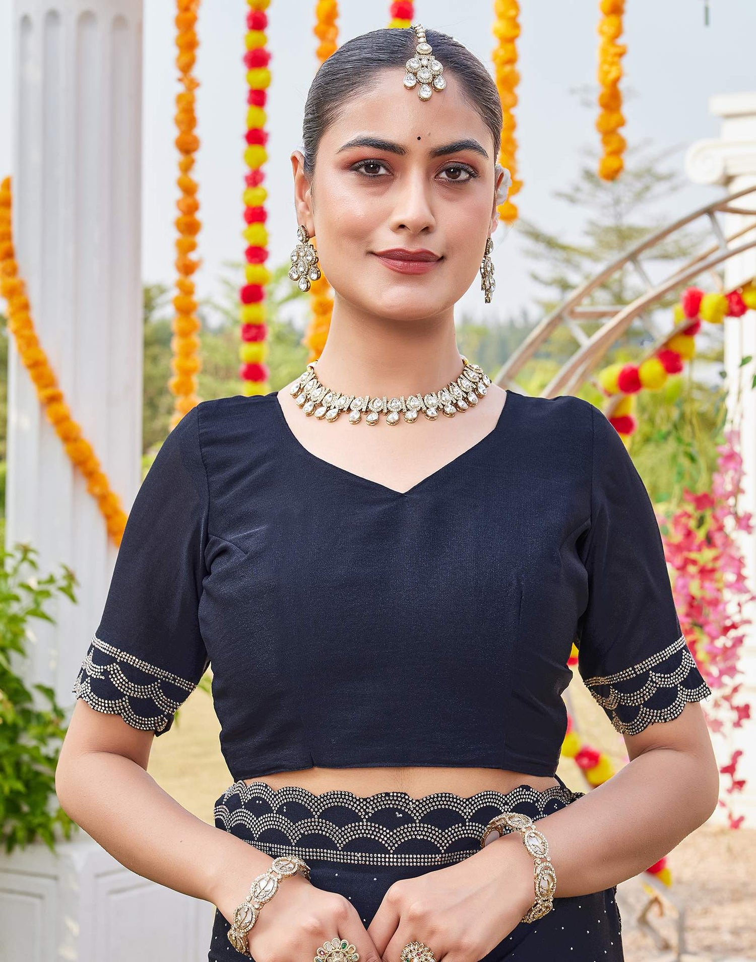 Navy Blue Shimmer Stone Work Swarovski Saree