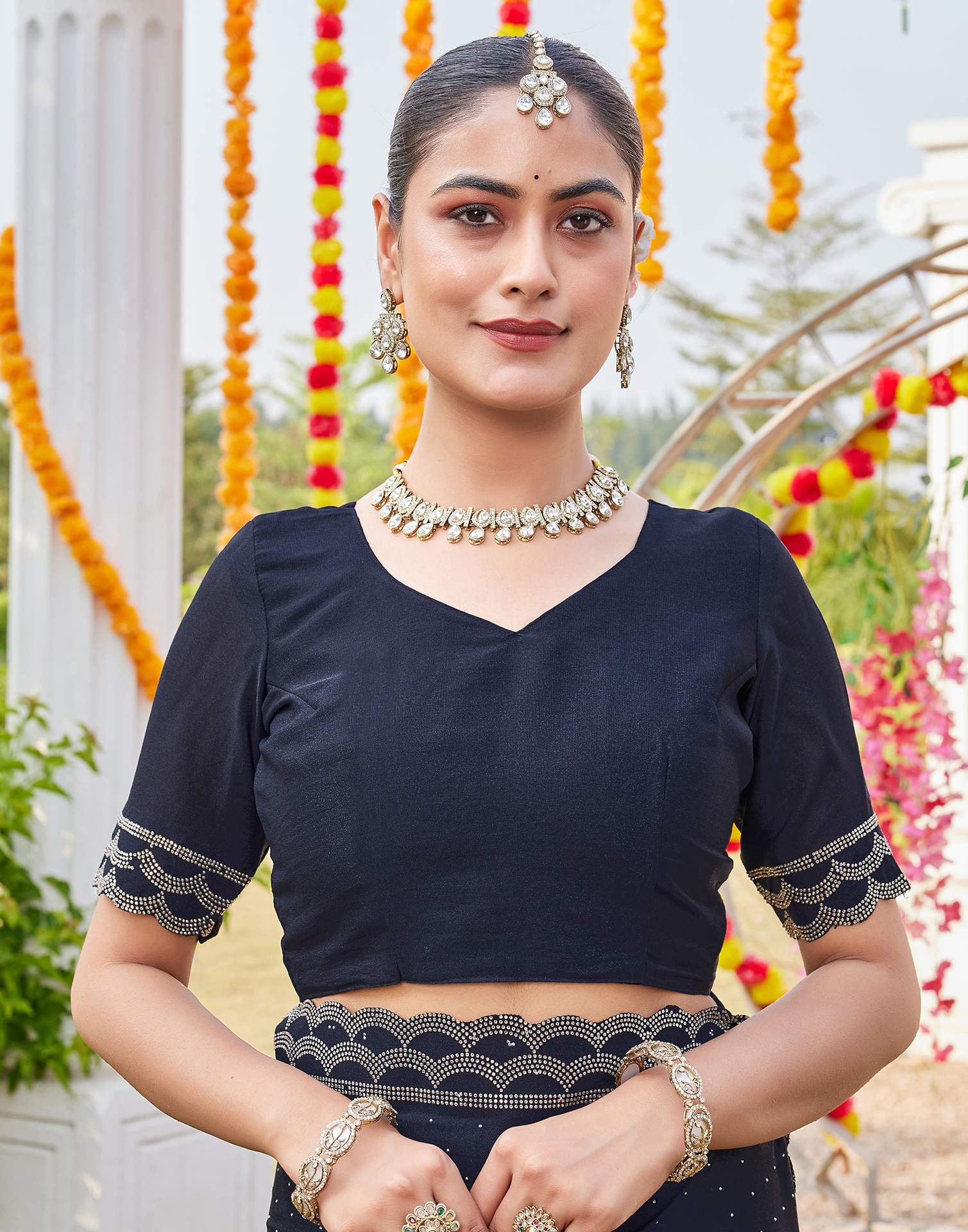 Navy Blue Shimmer Stone Work Swarovski Saree