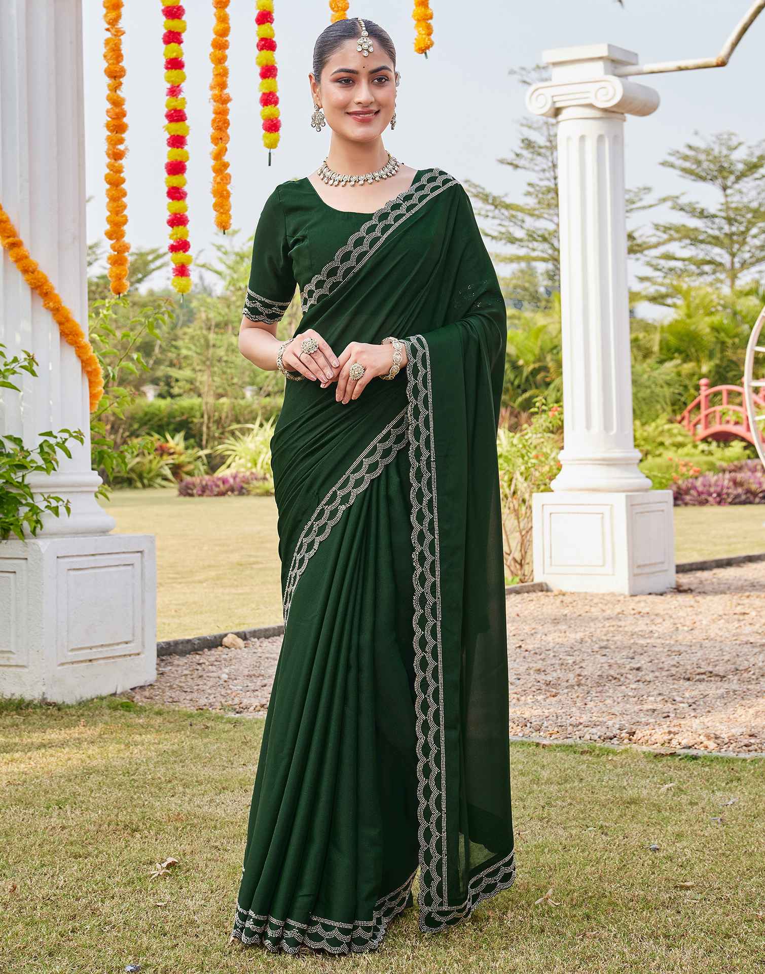 Bottle Green Shimmer Stone Work Embellished Saree