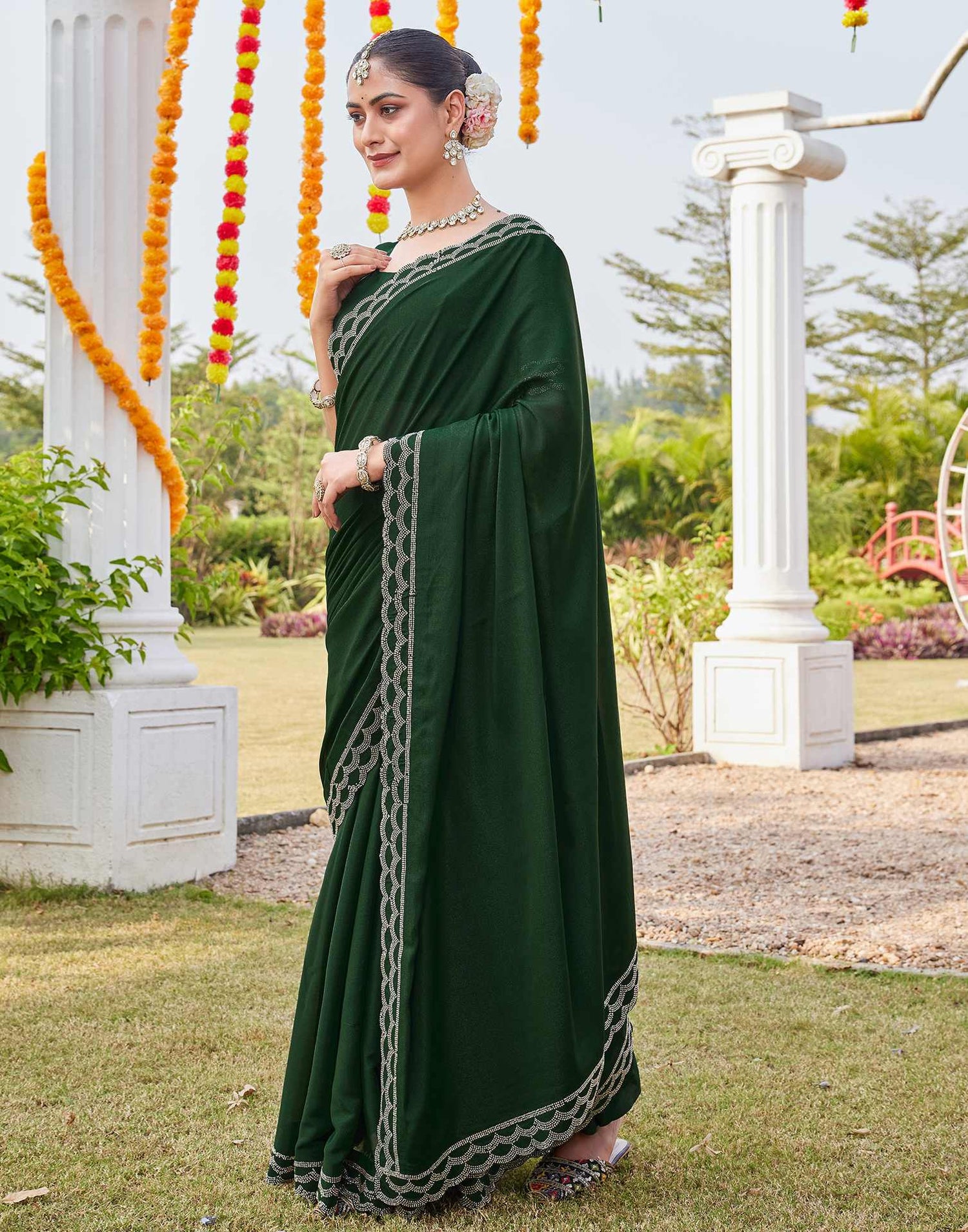 Bottle Green Shimmer Stone Work Embellished Saree