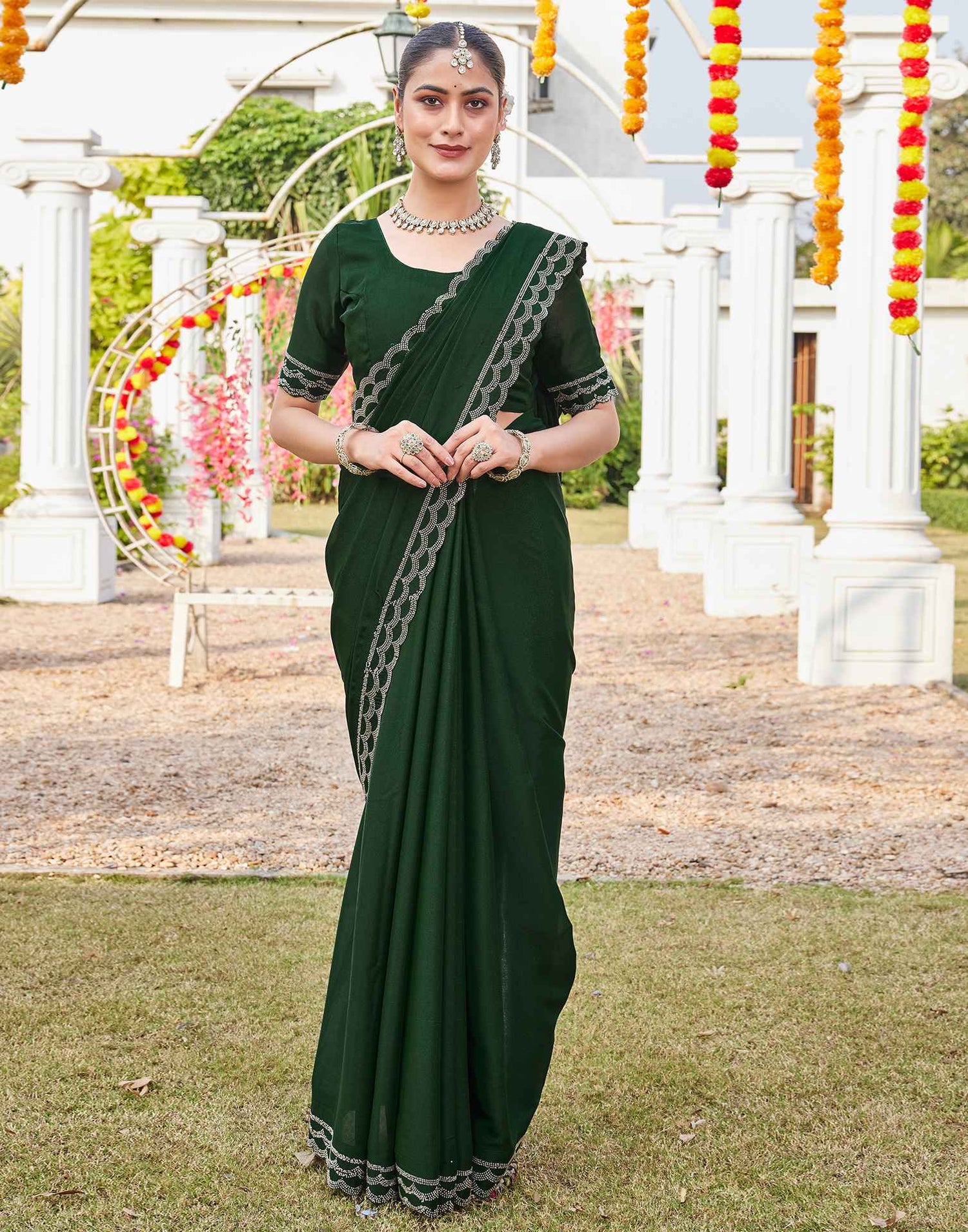 Bottle Green Shimmer Stone Work Embellished Saree