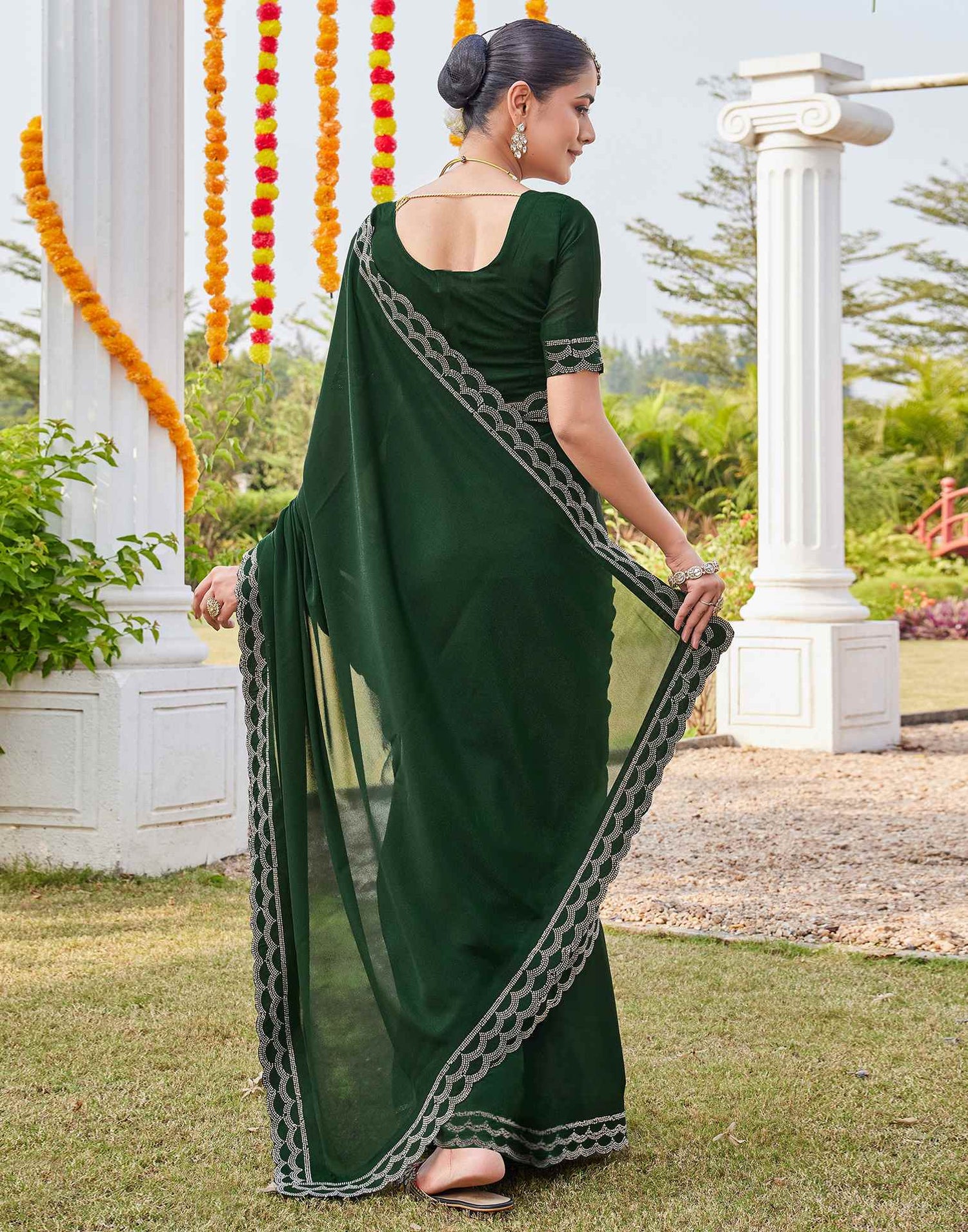 Bottle Green Shimmer Stone Work Embellished Saree
