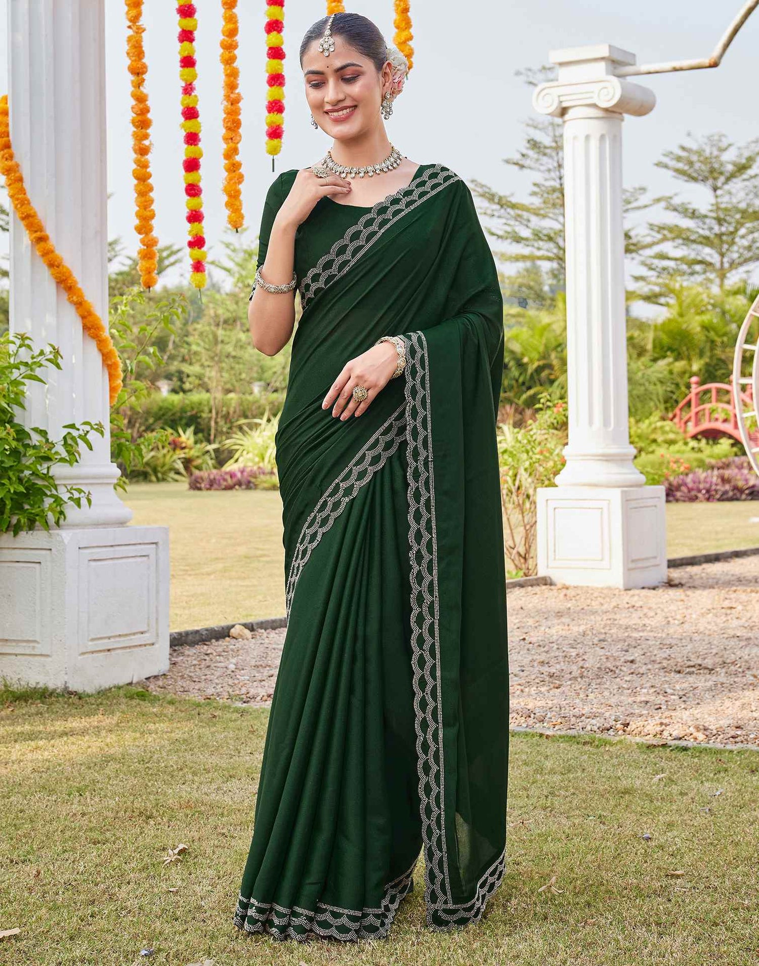 Bottle Green Shimmer Stone Work Embellished Saree