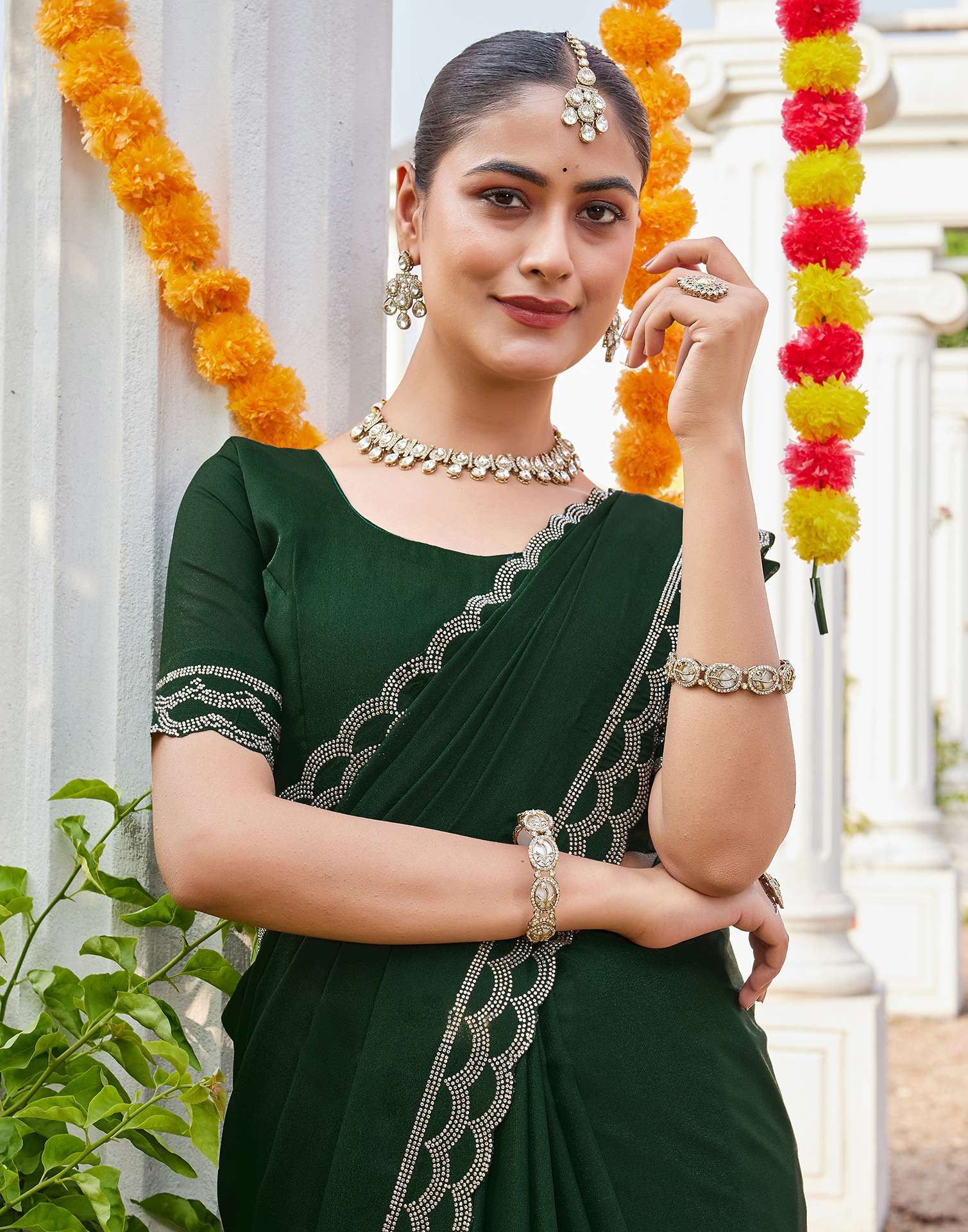 Bottle Green Shimmer Stone Work Embellished Saree