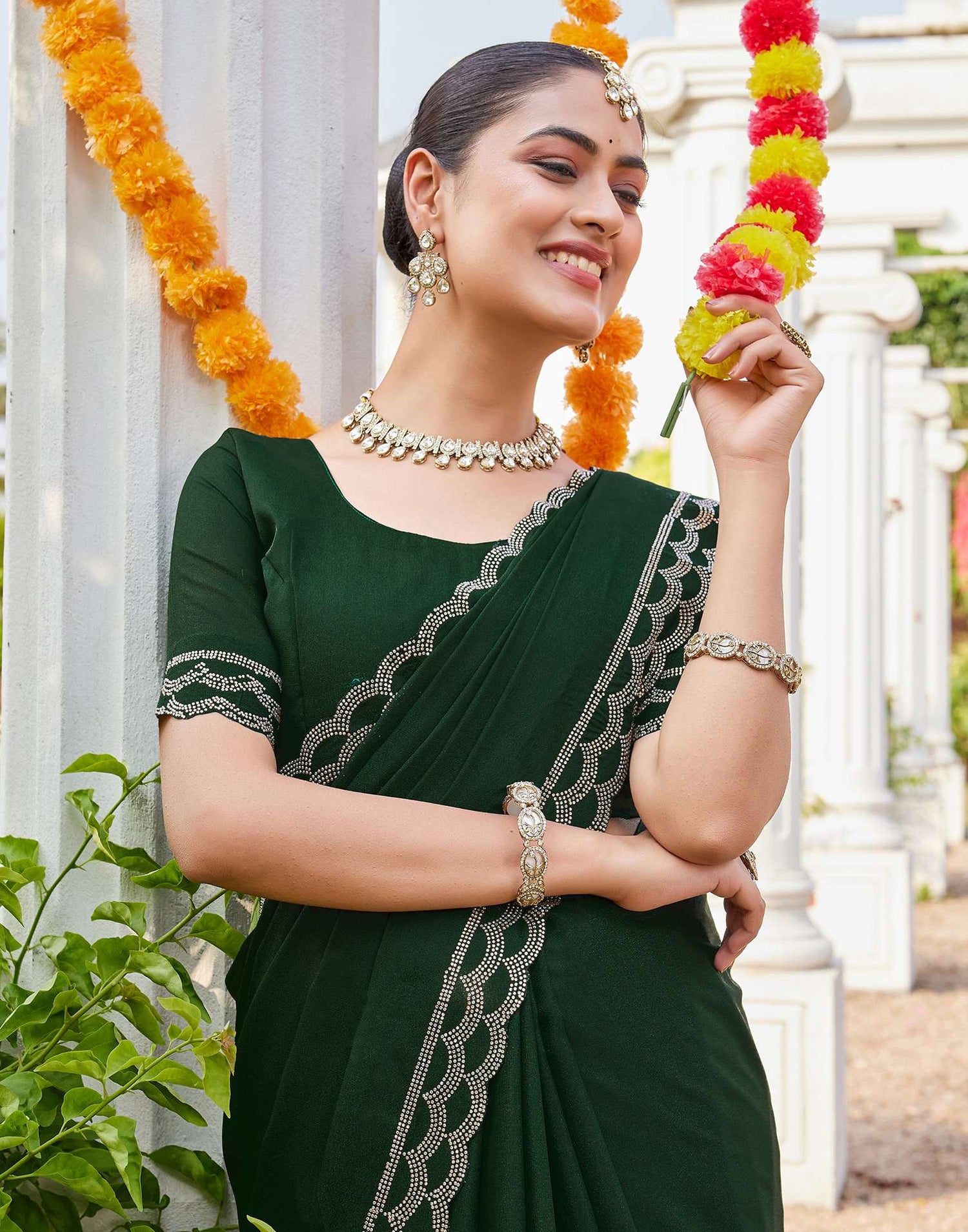 Bottle Green Shimmer Stone Work Embellished Saree