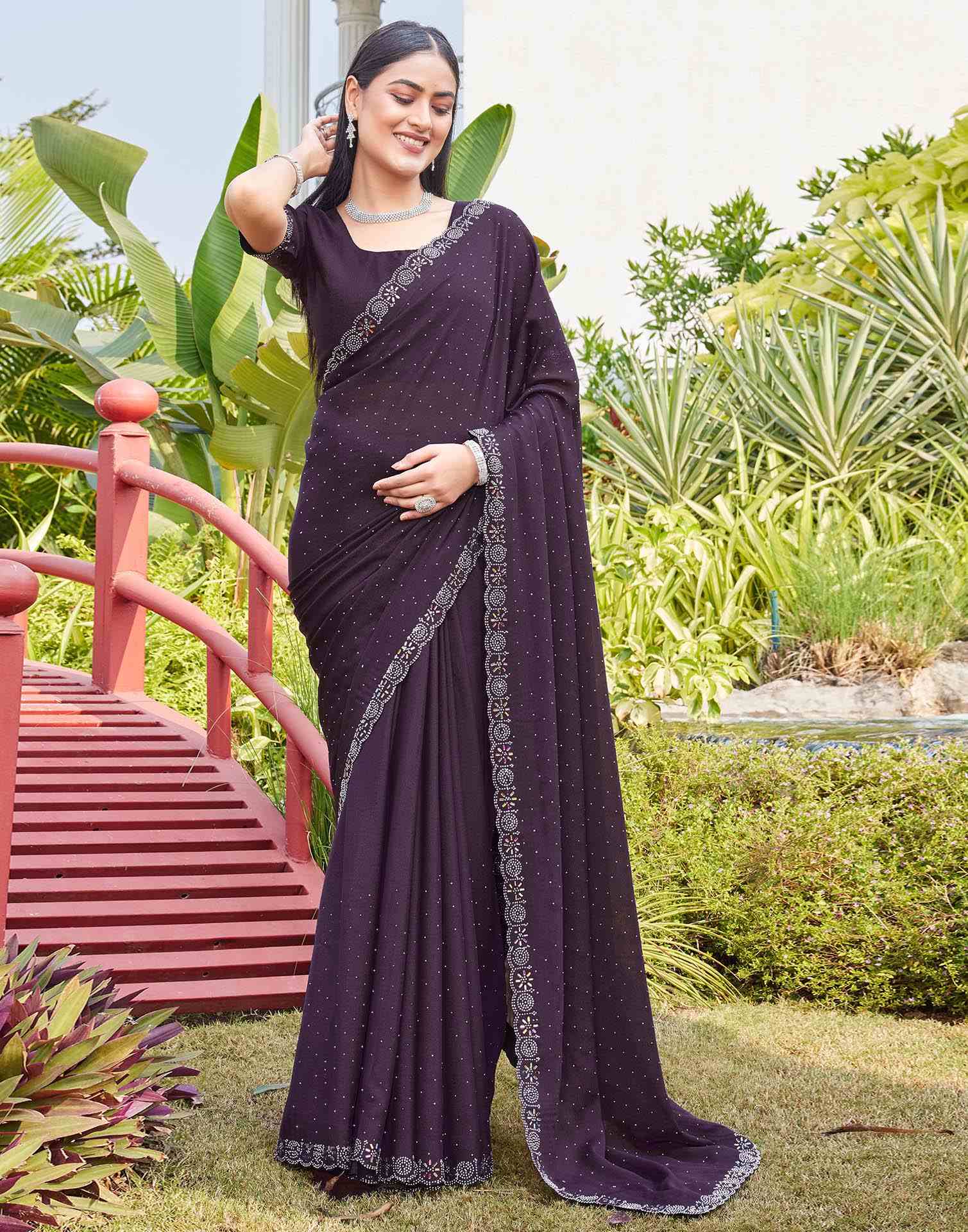Purple Shimmer Stone Work Swarovski Saree