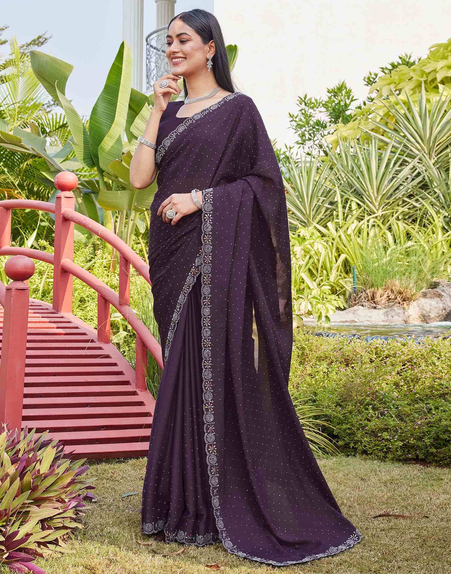 Purple Shimmer Stone Work Swarovski Saree