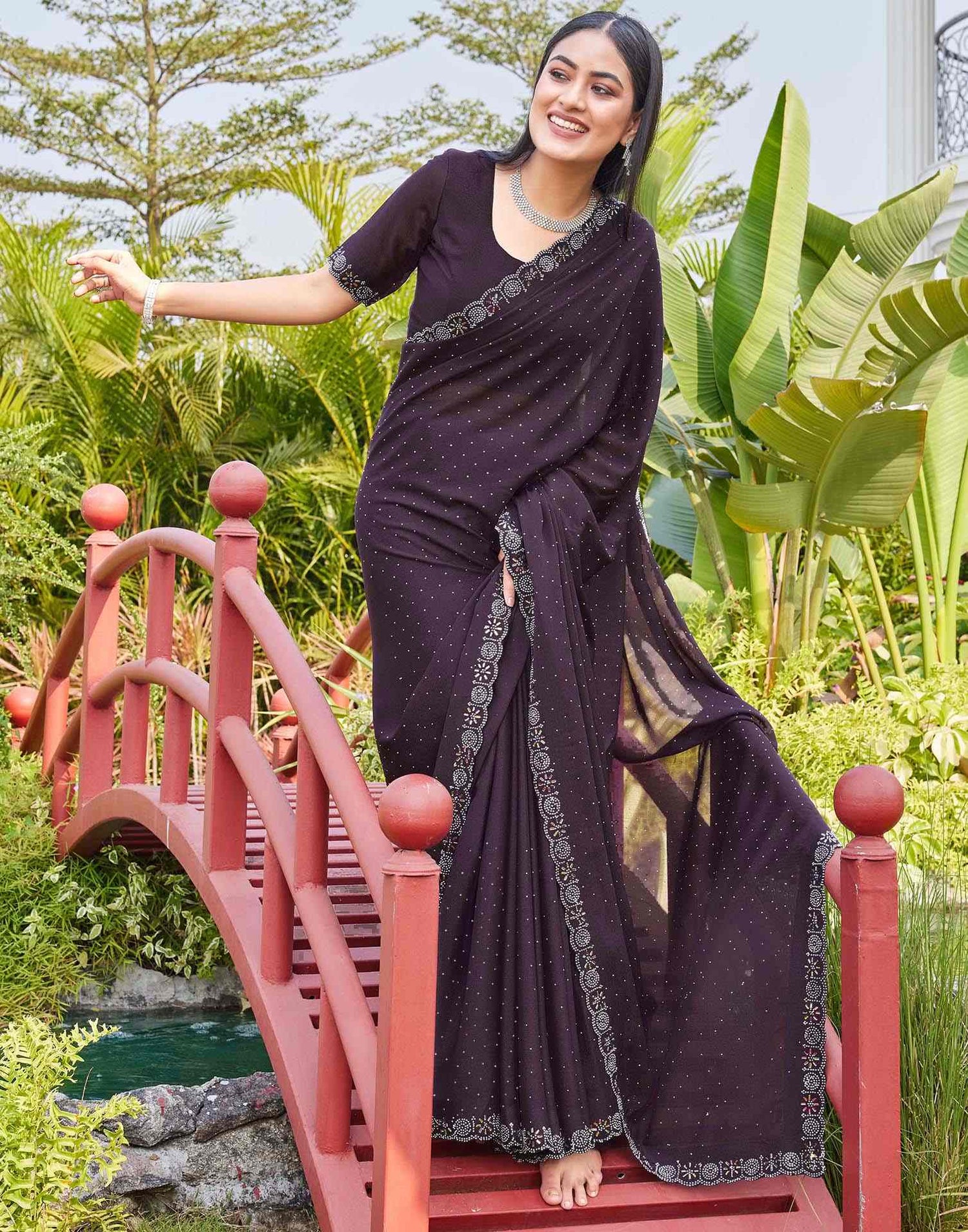 Purple Shimmer Stone Work Swarovski Saree