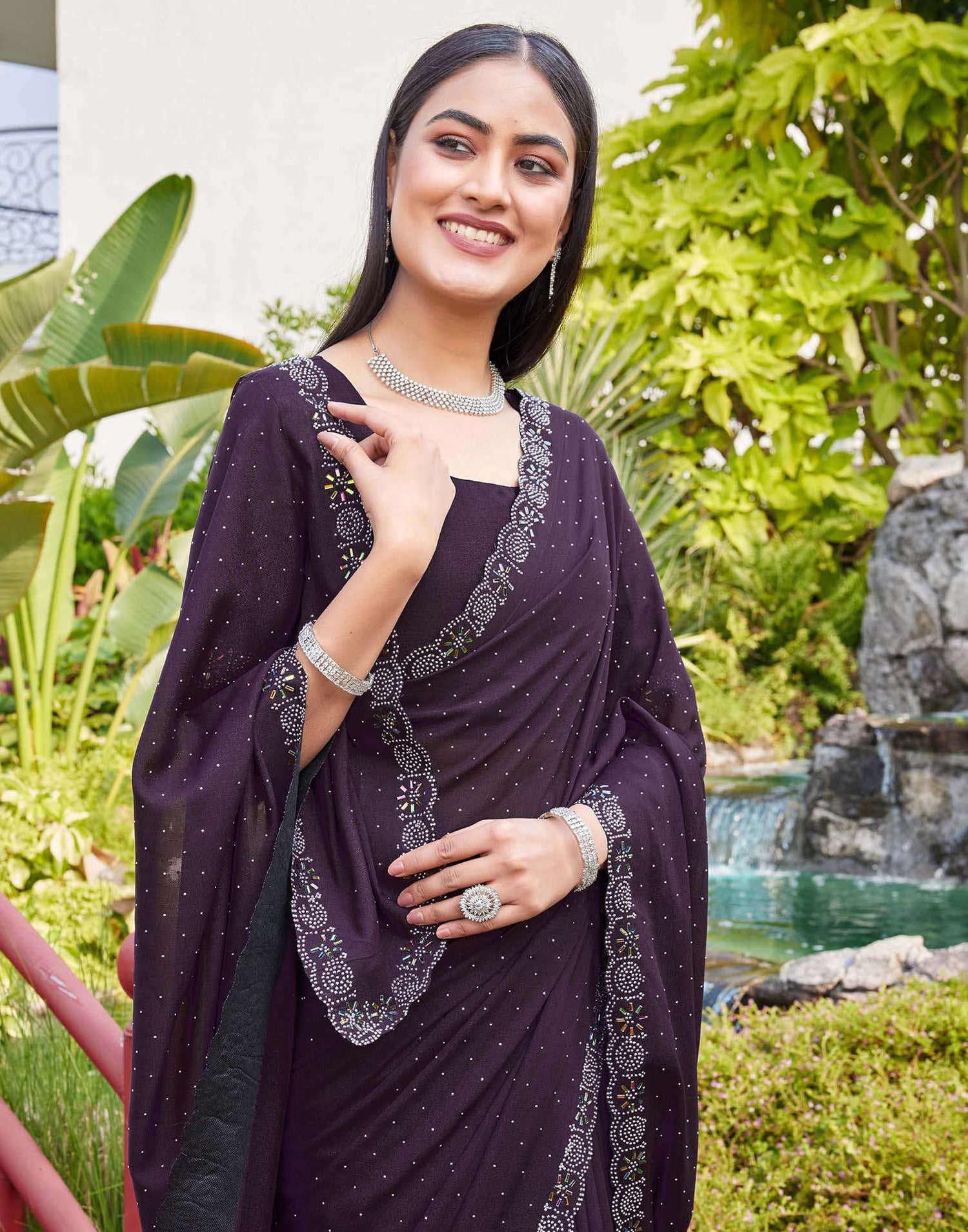 Purple Shimmer Stone Work Swarovski Saree