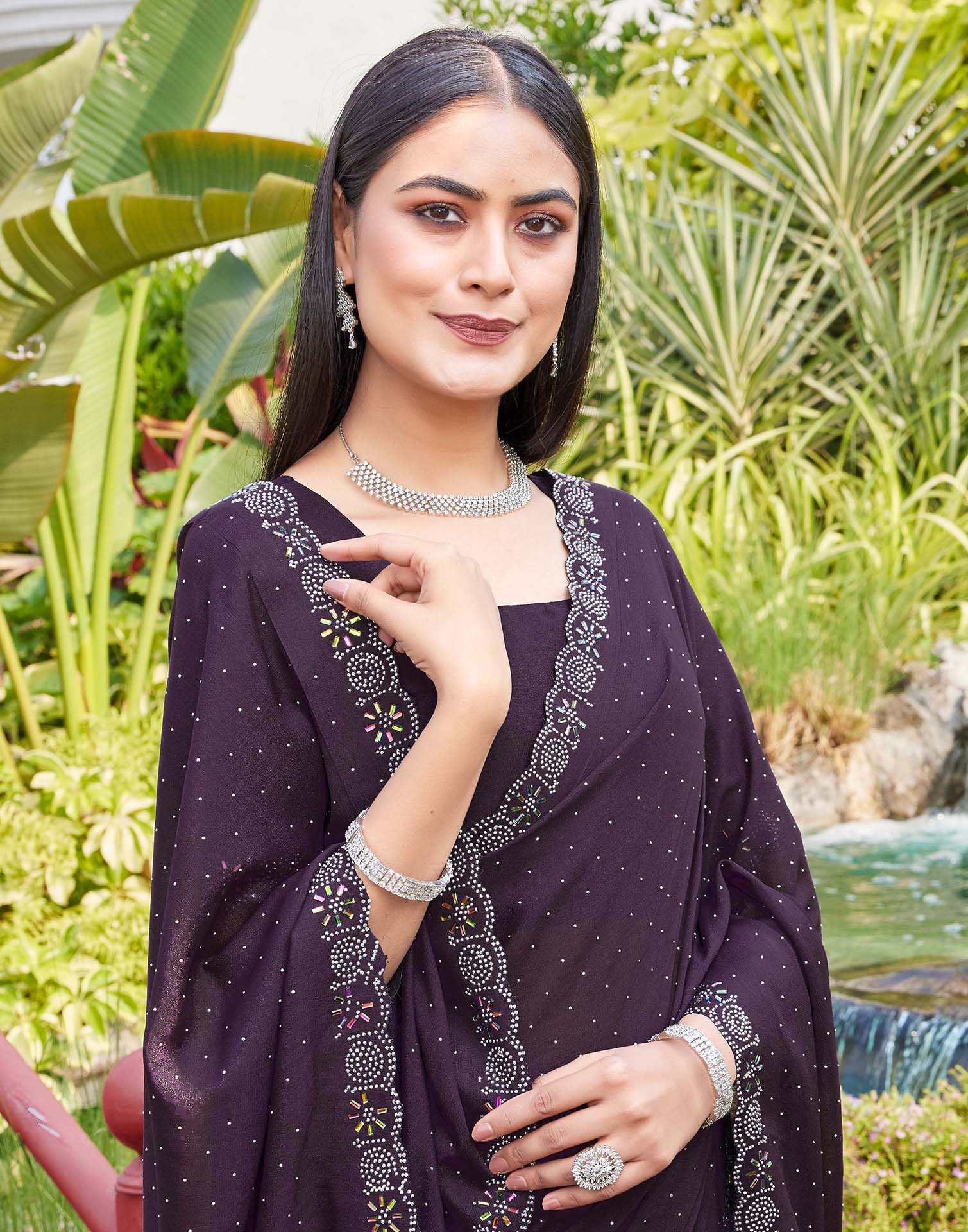 Purple Shimmer Stone Work Swarovski Saree