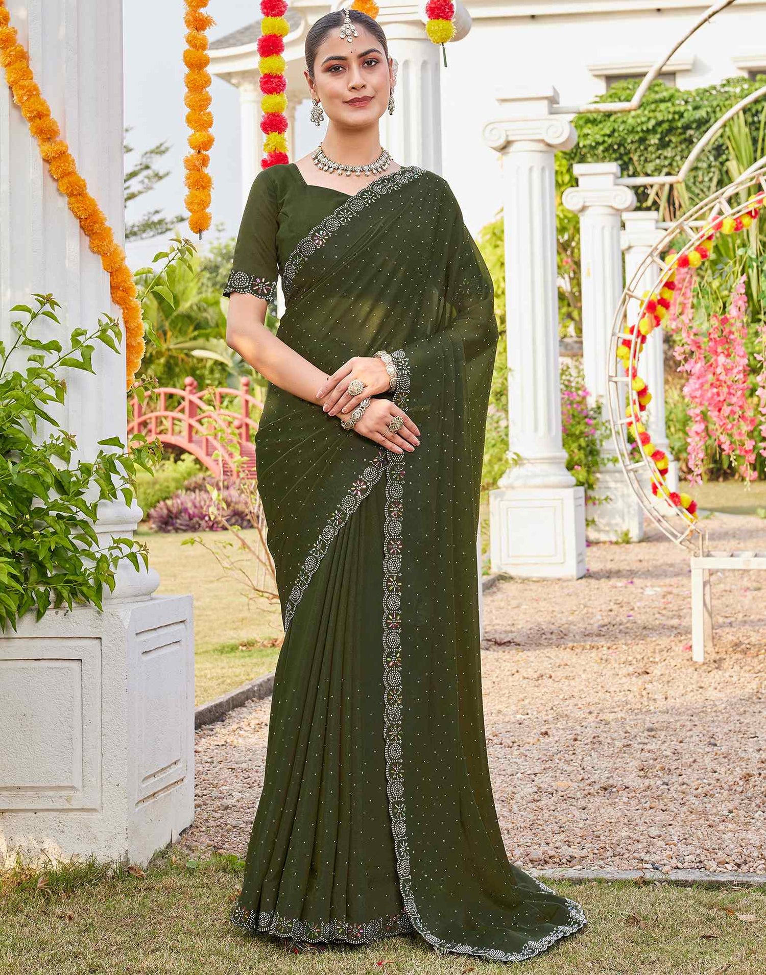 Olive Green Shimmer Stone Work Swarovski Saree