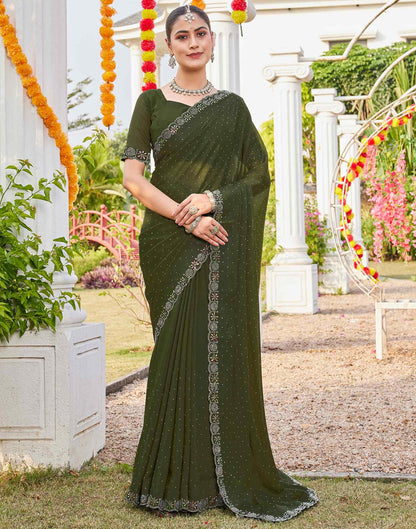 Olive Green Shimmer Stone Work Swarovski Saree