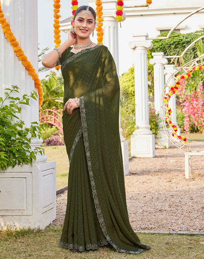 Olive Green Shimmer Stone Work Swarovski Saree