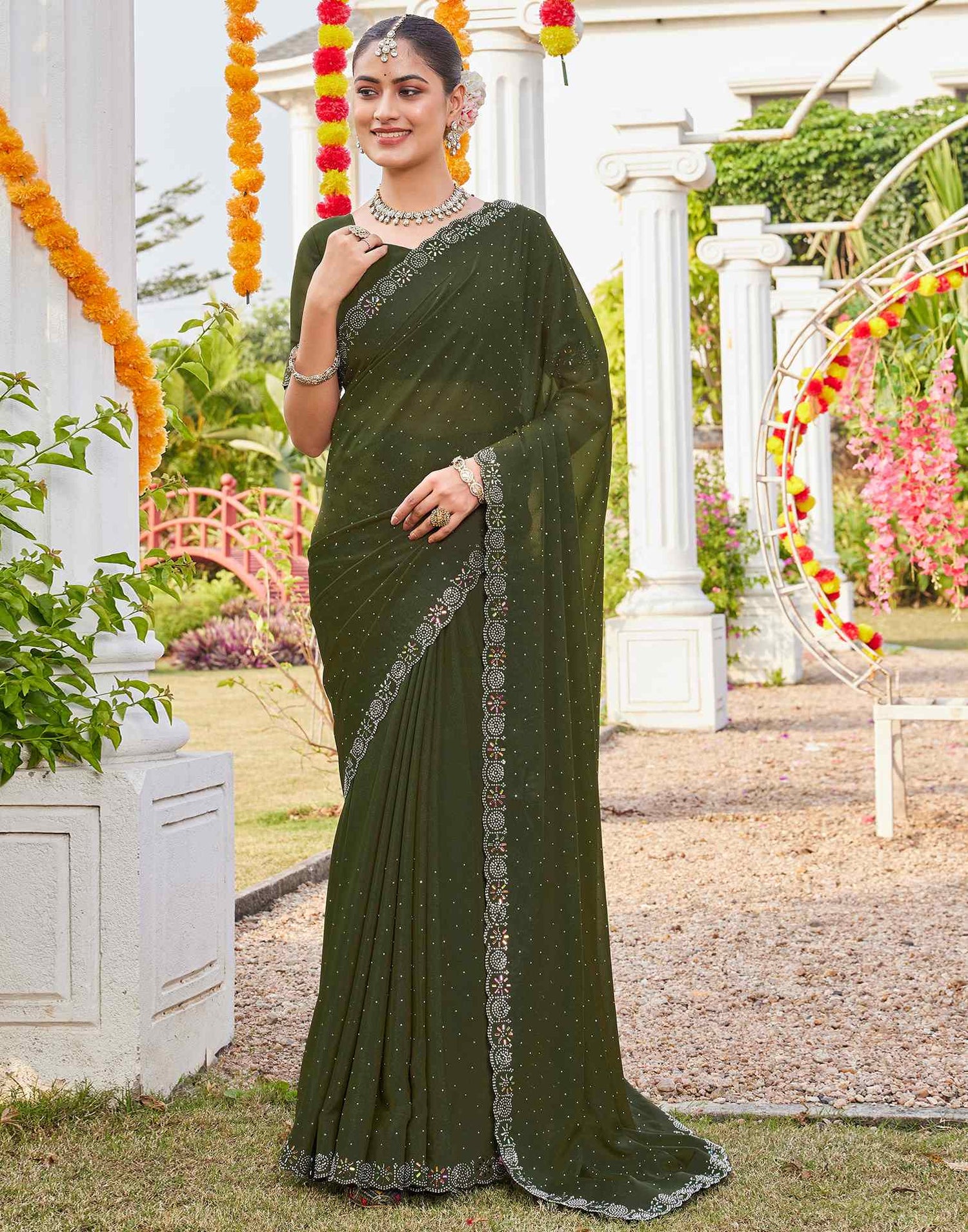 Olive Green Shimmer Stone Work Swarovski Saree