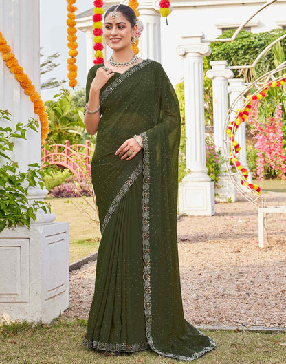 Olive Green Shimmer Stone Work Swarovski Saree