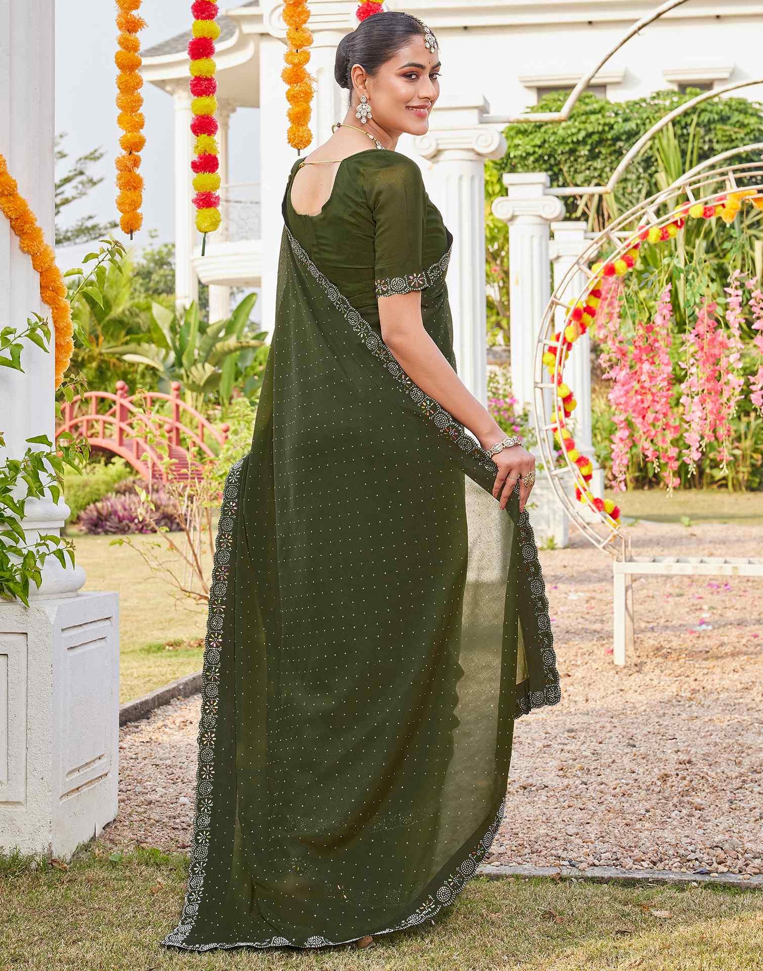Olive Green Shimmer Stone Work Swarovski Saree