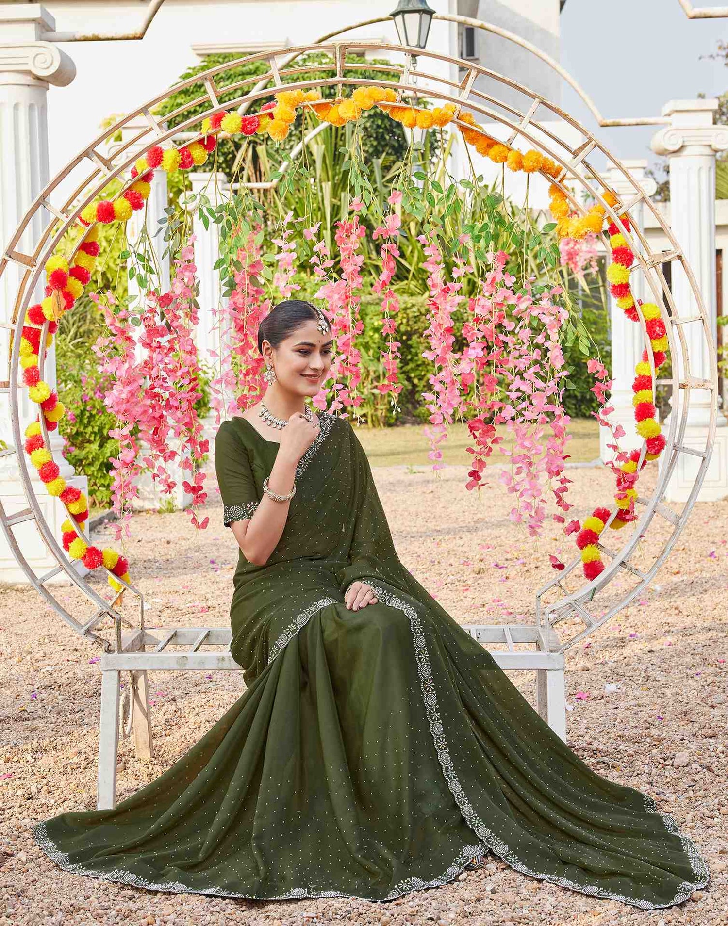 Olive Green Shimmer Stone Work Swarovski Saree