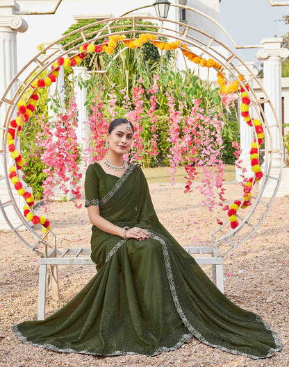 Olive Green Shimmer Stone Work Swarovski Saree