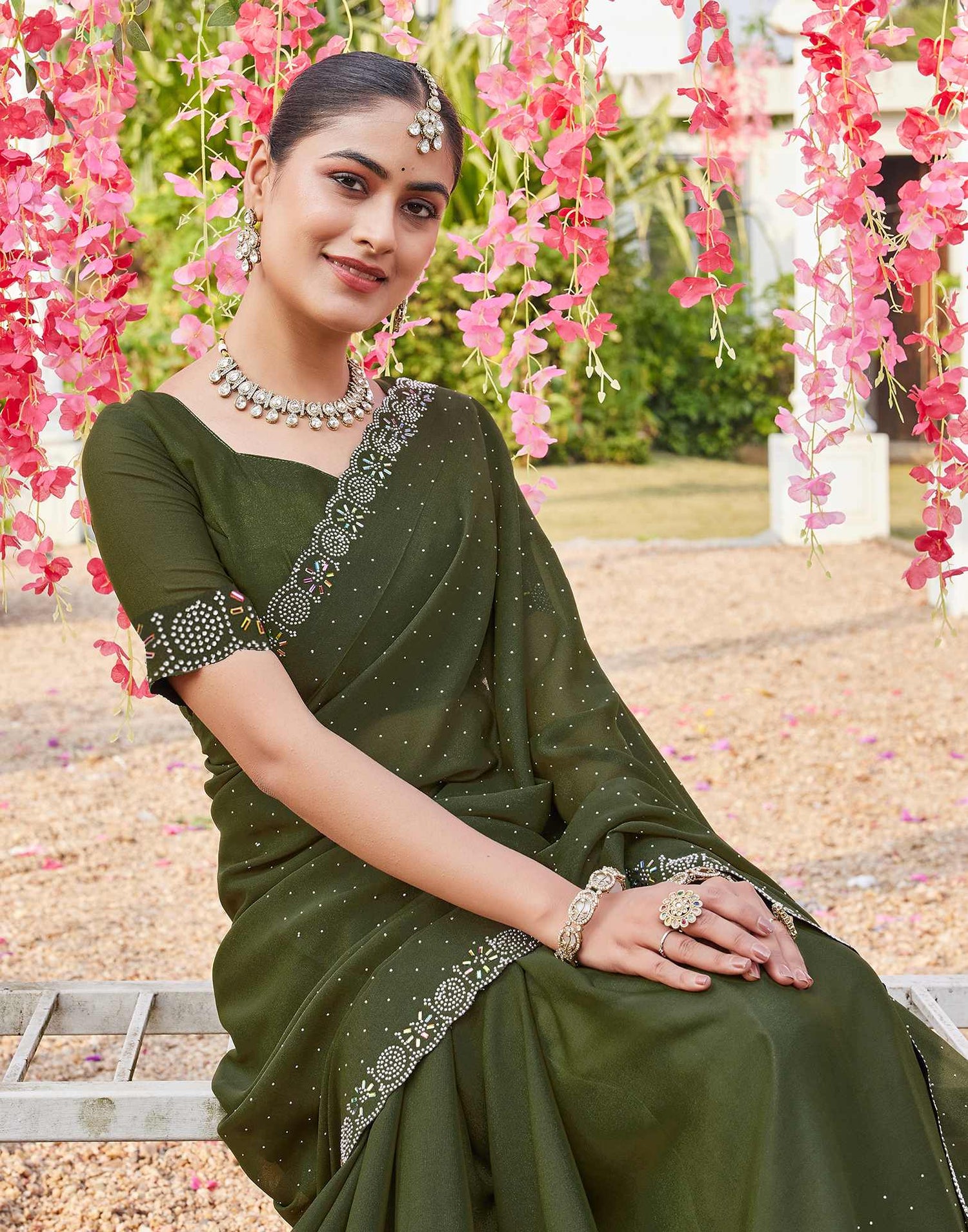 Olive Green Shimmer Stone Work Swarovski Saree