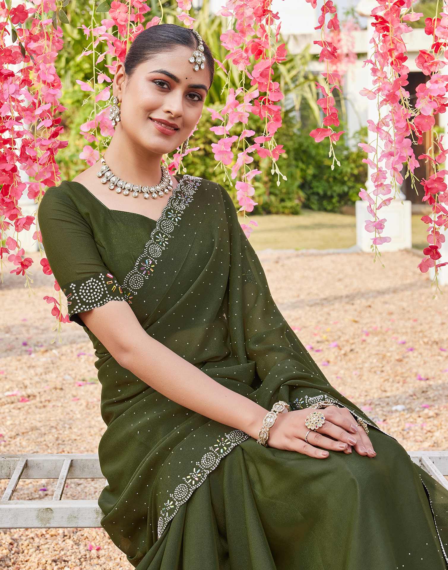 Olive Green Shimmer Stone Work Swarovski Saree