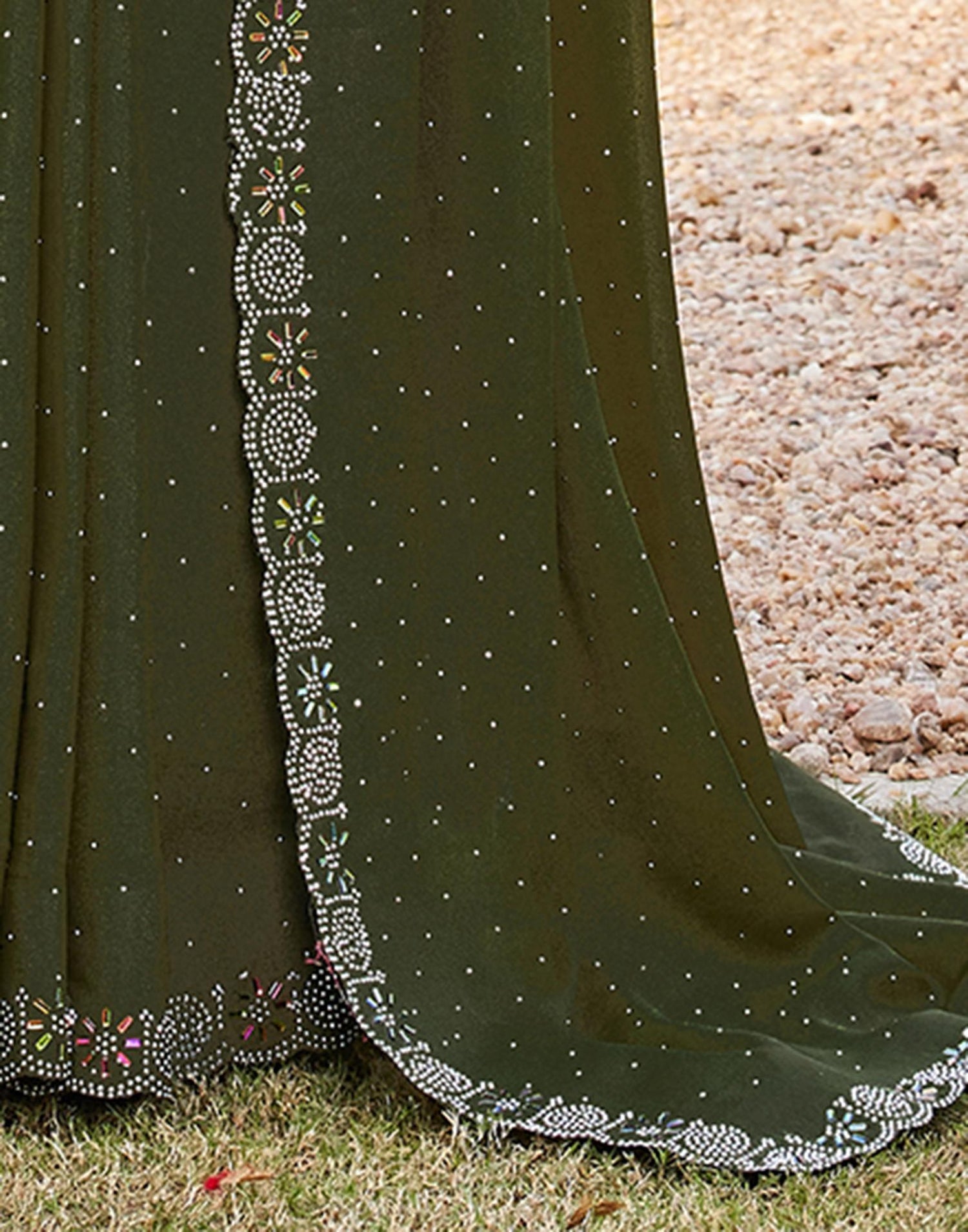 Olive Green Shimmer Stone Work Swarovski Saree