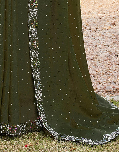 Olive Green Shimmer Stone Work Swarovski Saree