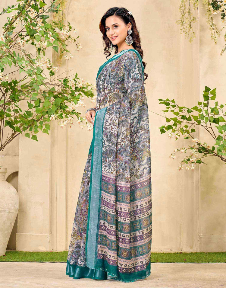 Beige Cotton Printed Saree