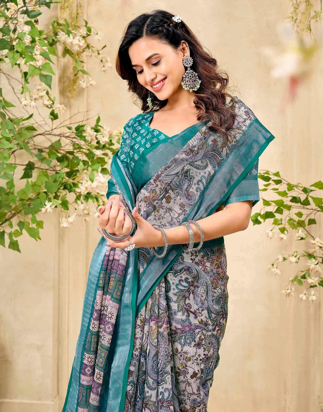 Beige Cotton Printed Saree