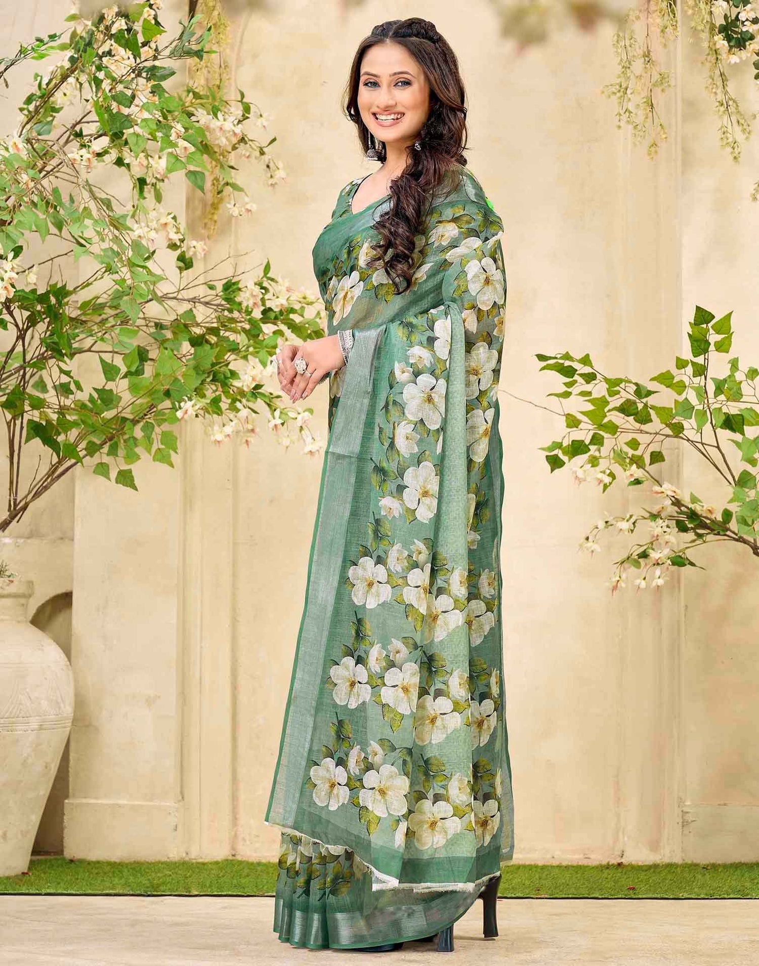 Sage Green Cotton Floral Printed Saree