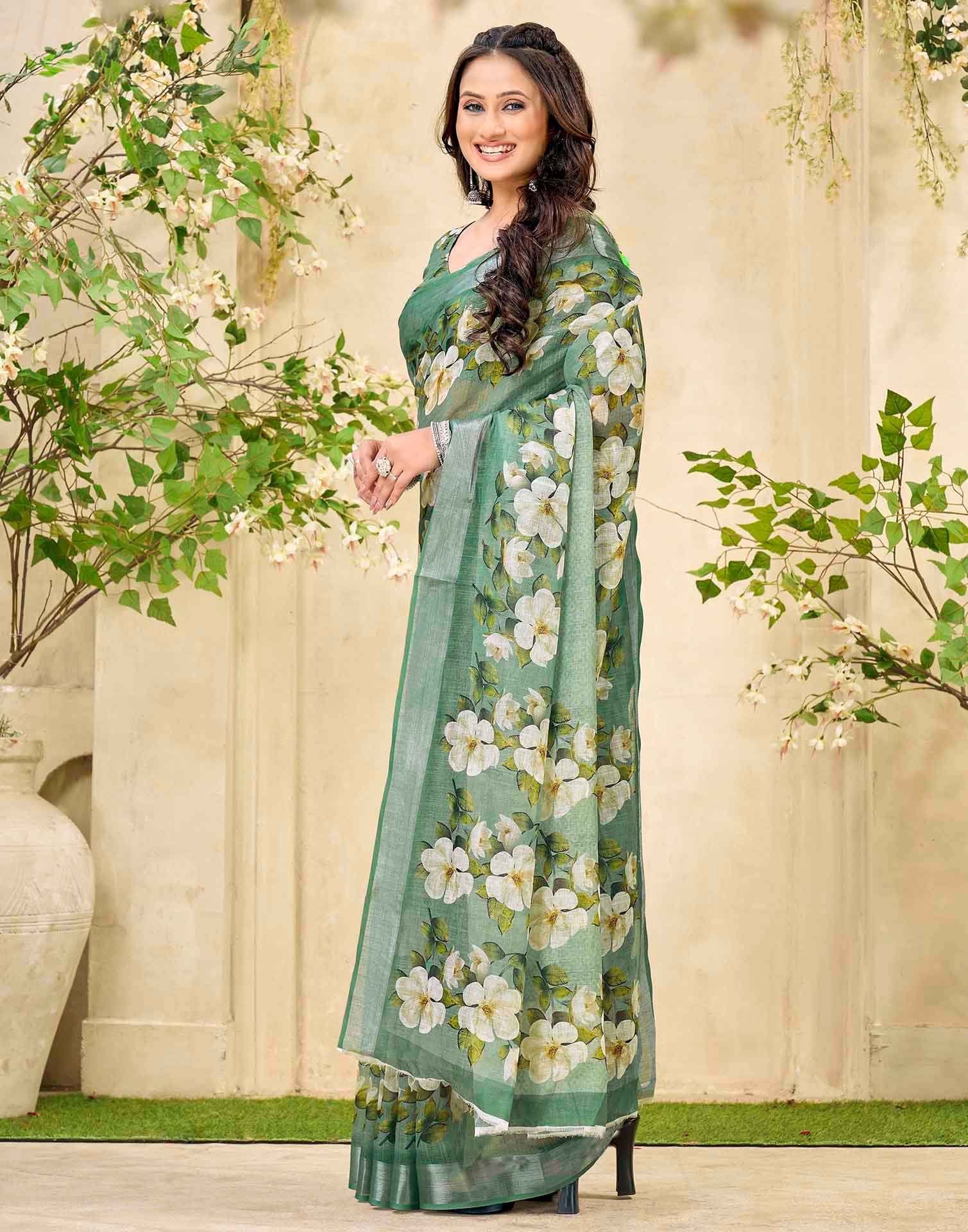 Sage Green Cotton Floral Printed Saree