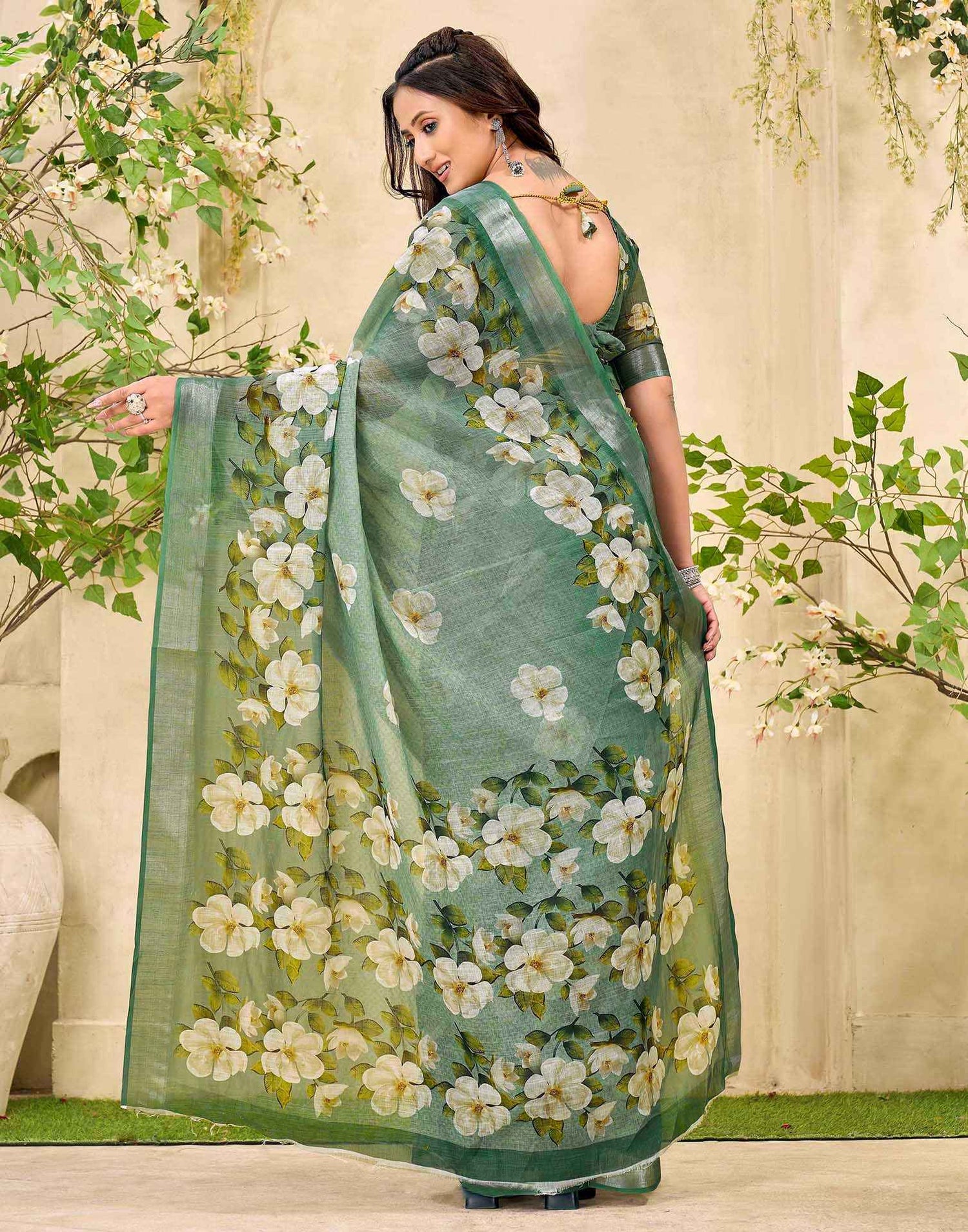 Sage Green Cotton Floral Printed Saree