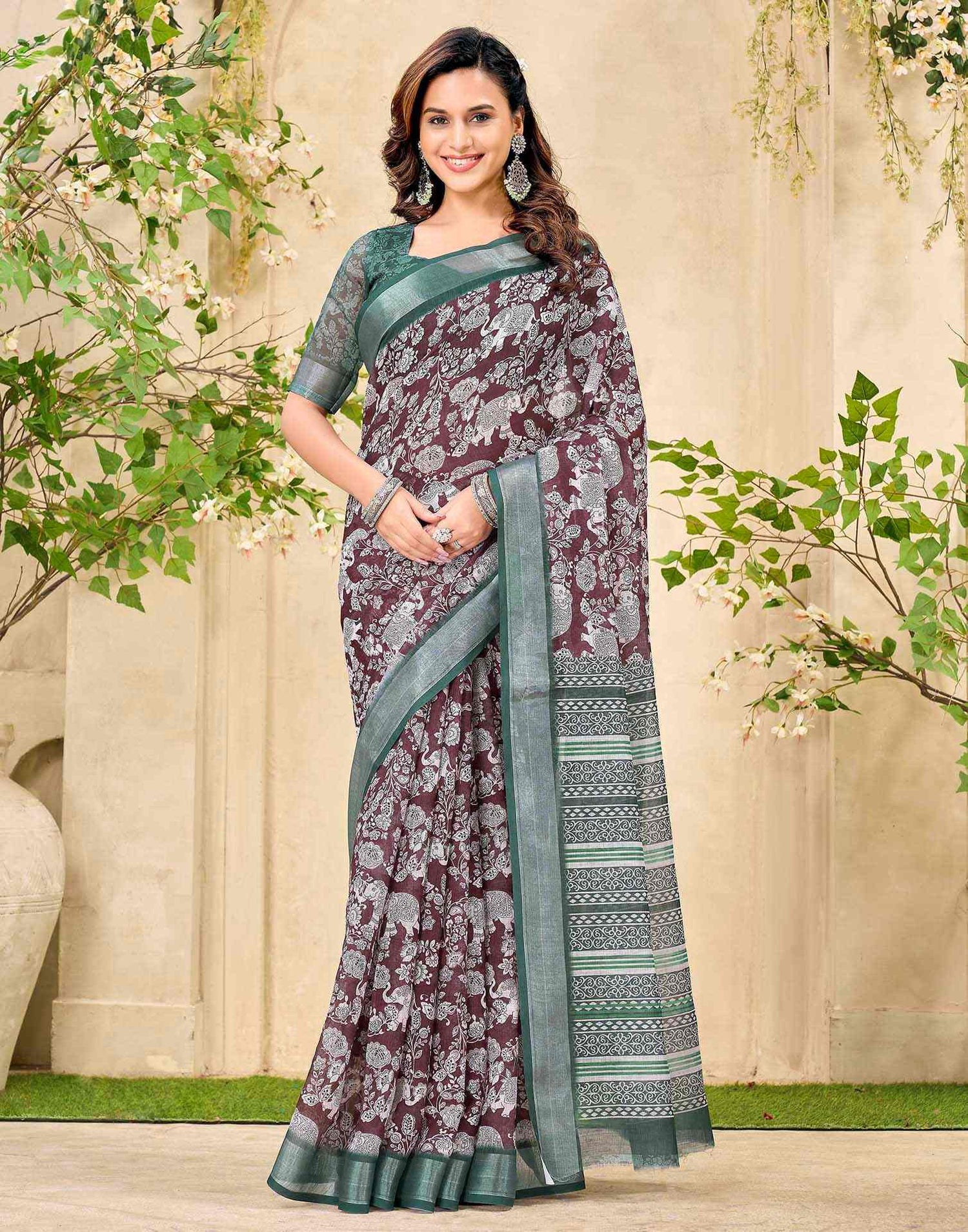 Brown Cotton Floral Printed Saree