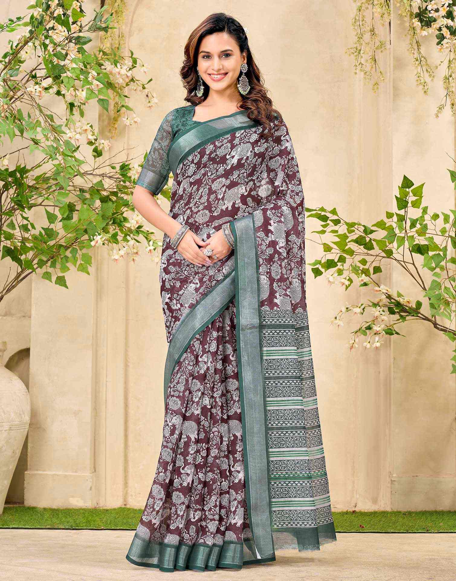 Brown Cotton Floral Printed Saree