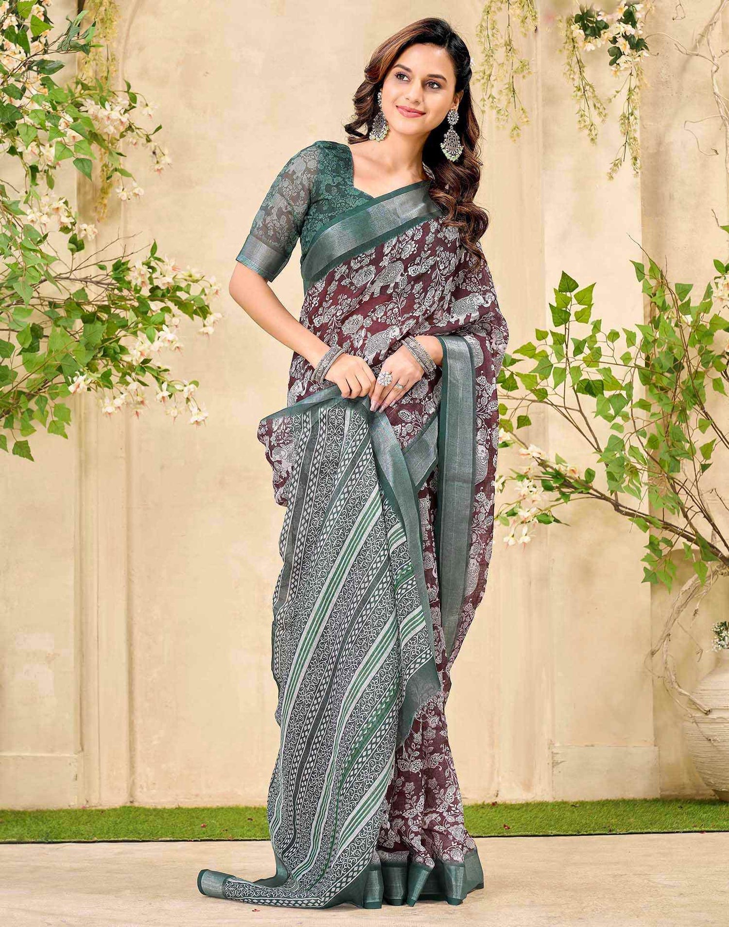 Brown Cotton Floral Printed Saree