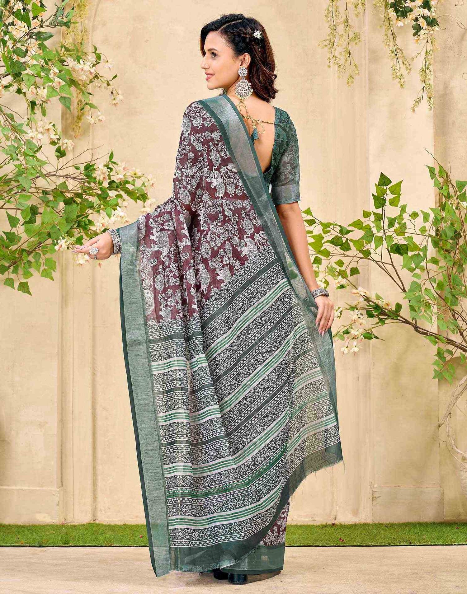 Brown Cotton Floral Printed Saree