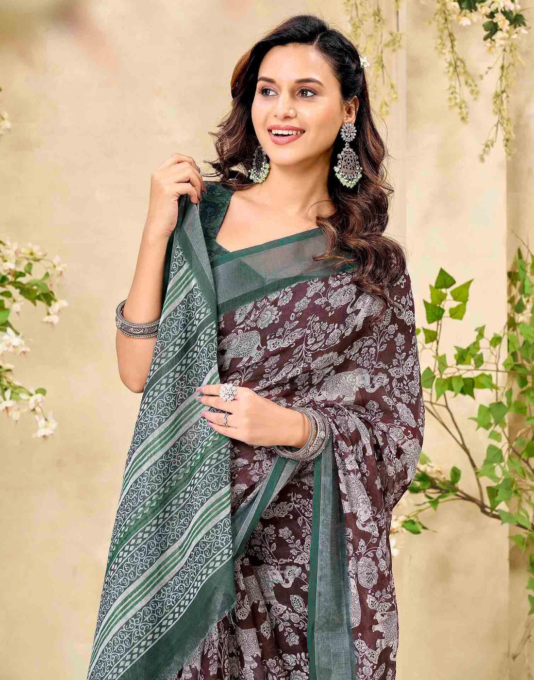 Brown Cotton Floral Printed Saree