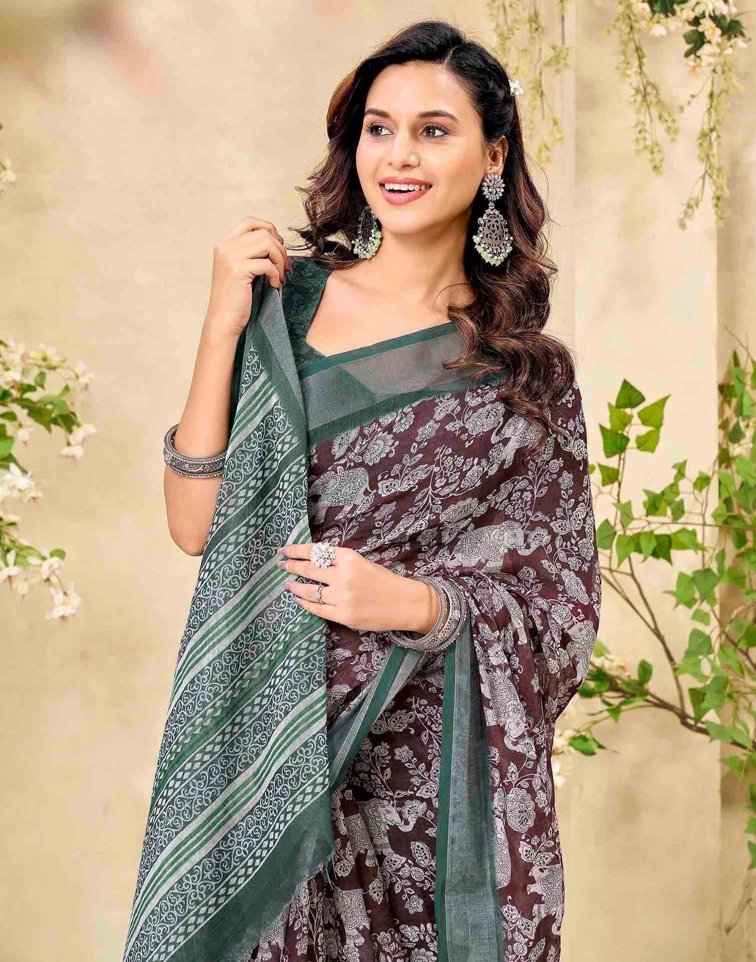 Brown Cotton Floral Printed Saree