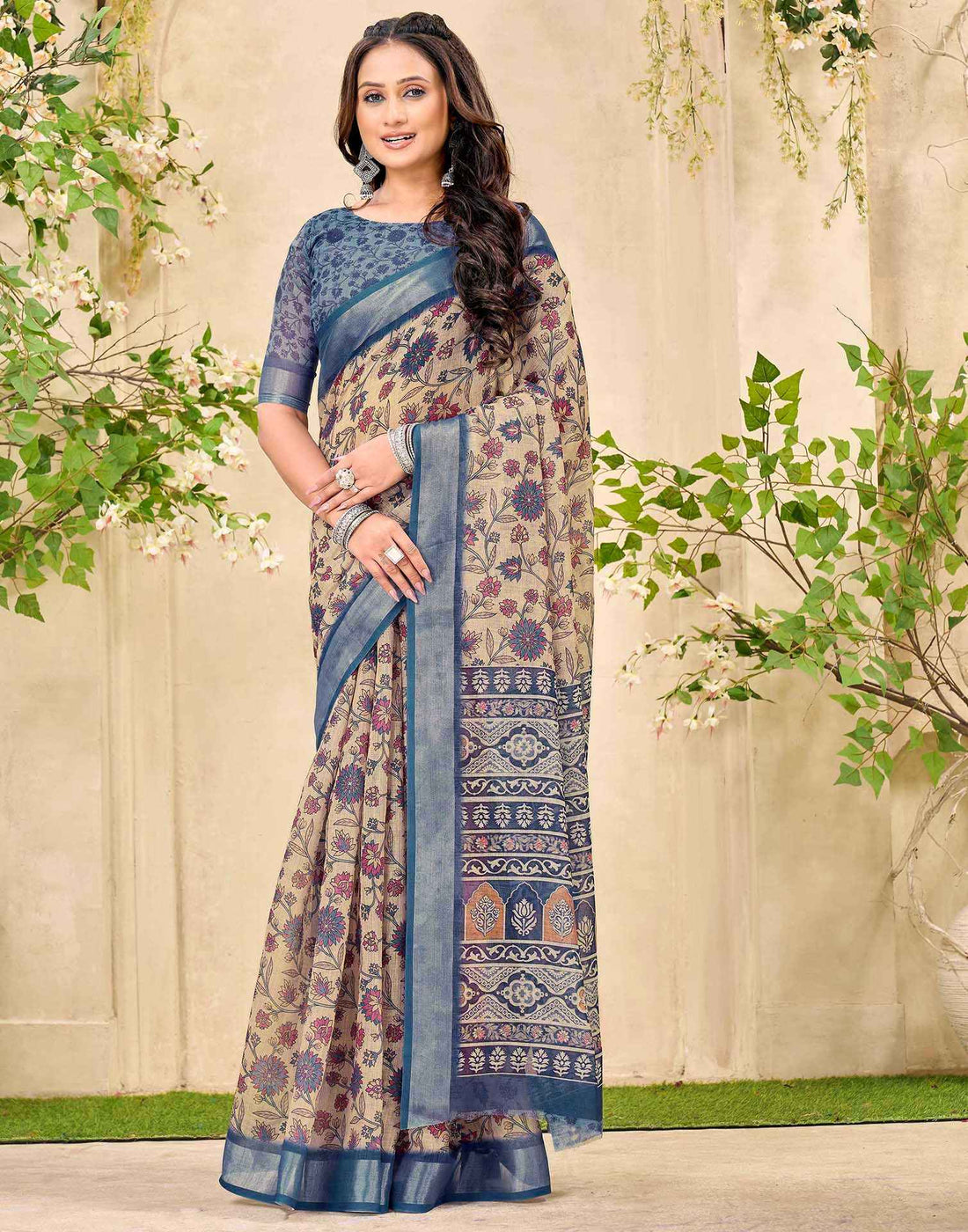 Beige Cotton Floral Printed Saree